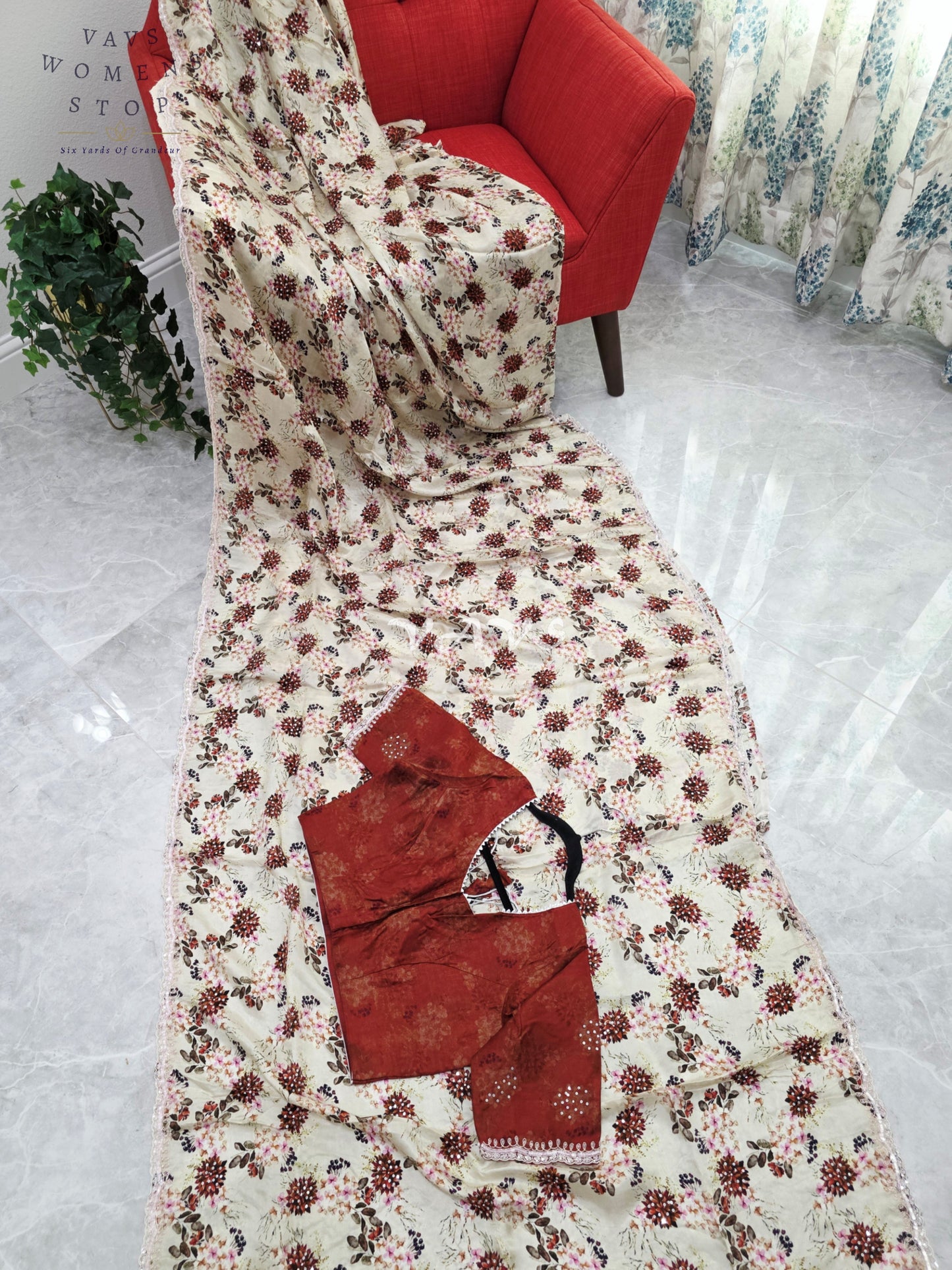 Royal Ivory Sand Pure Crepe Floral Saree with Burnished Rust Stitched Blouse & Scalloped Lace Border