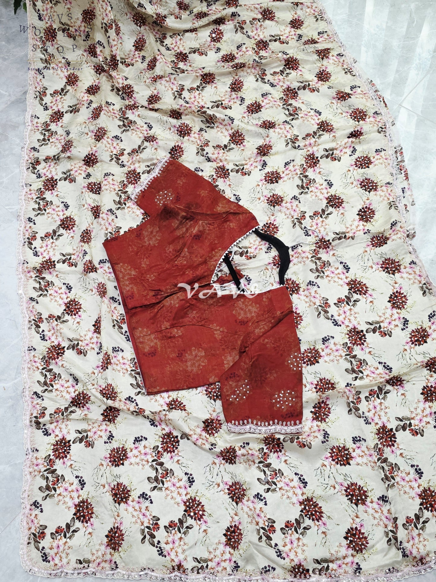 Royal Ivory Sand Pure Crepe Floral Saree with Burnished Rust Stitched Blouse & Scalloped Lace Border