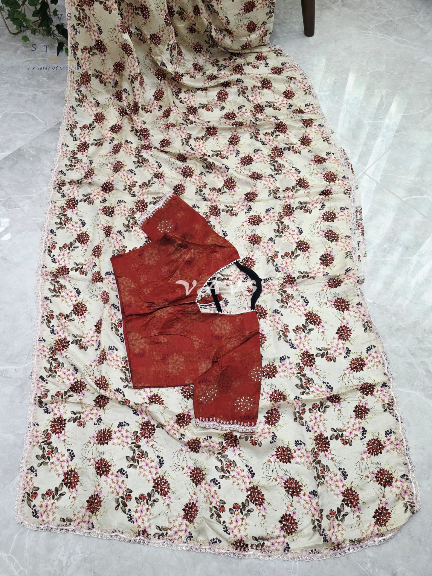 Royal Ivory Sand Pure Crepe Floral Saree with Burnished Rust Stitched Blouse & Scalloped Lace Border