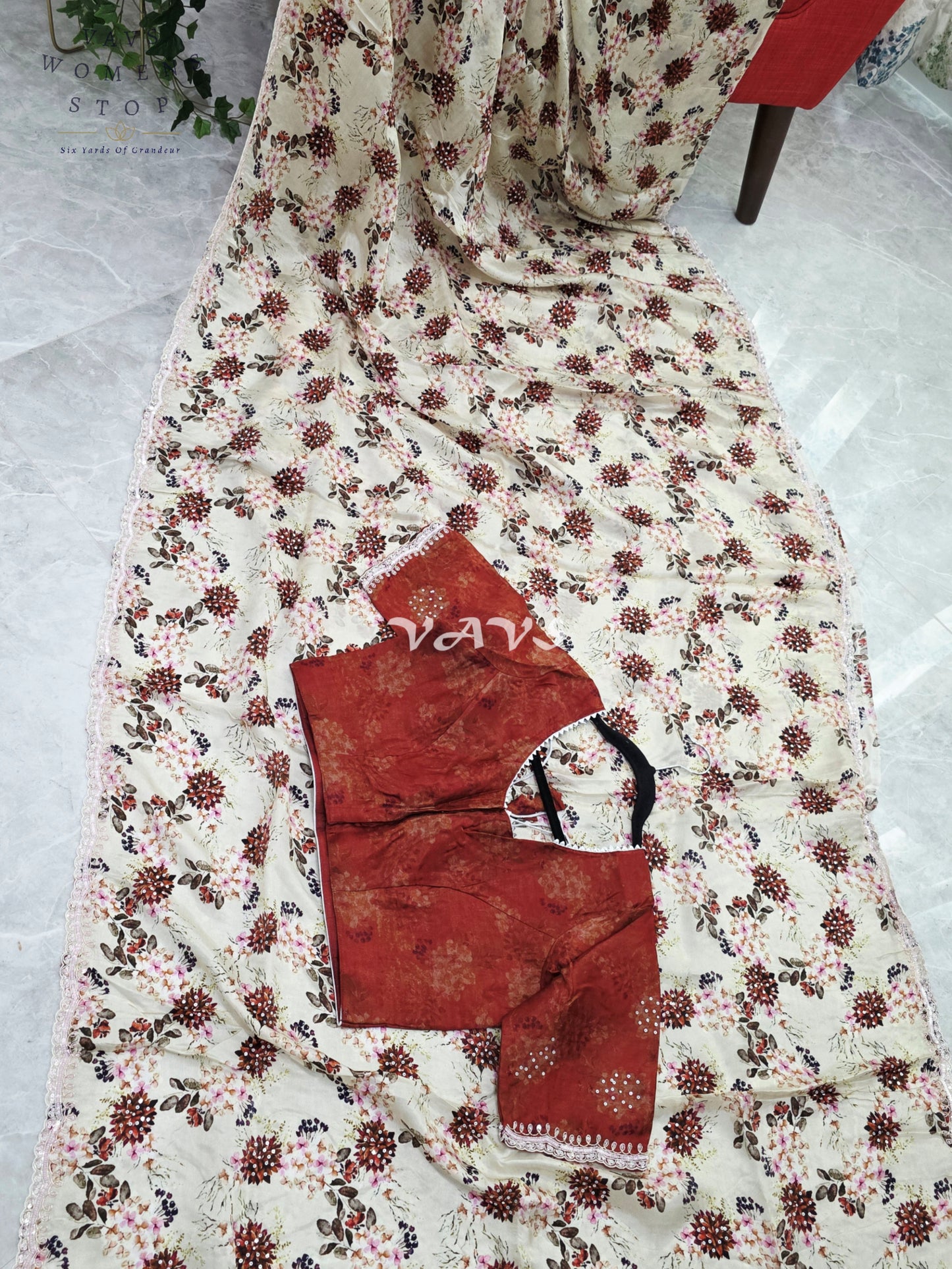 Royal Ivory Sand Pure Crepe Floral Saree with Burnished Rust Stitched Blouse & Scalloped Lace Border
