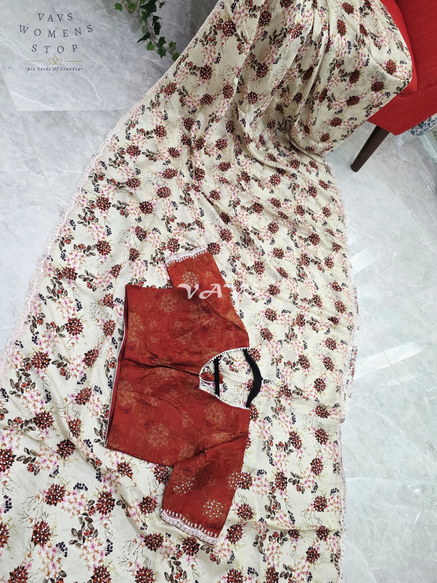 Royal Ivory Sand Pure Crepe Floral Saree with Burnished Rust Stitched Blouse & Scalloped Lace Border