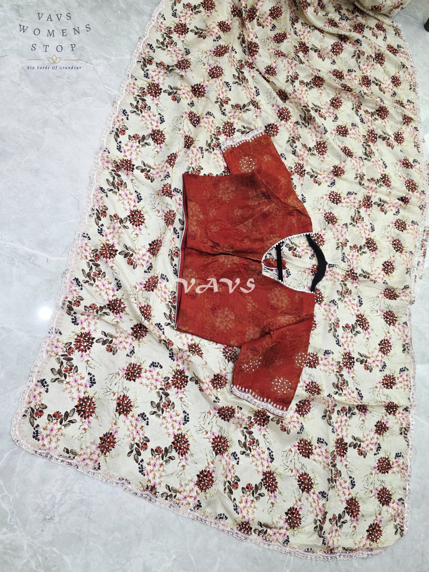 Royal Ivory Sand Pure Crepe Floral Saree with Burnished Rust Stitched Blouse & Scalloped Lace Border