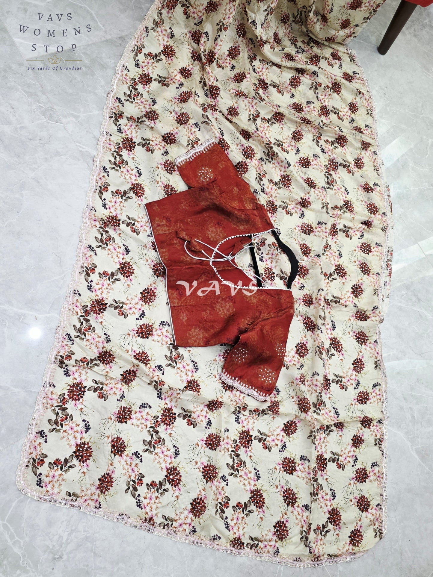 Royal Ivory Sand Pure Crepe Floral Saree with Burnished Rust Stitched Blouse & Scalloped Lace Border