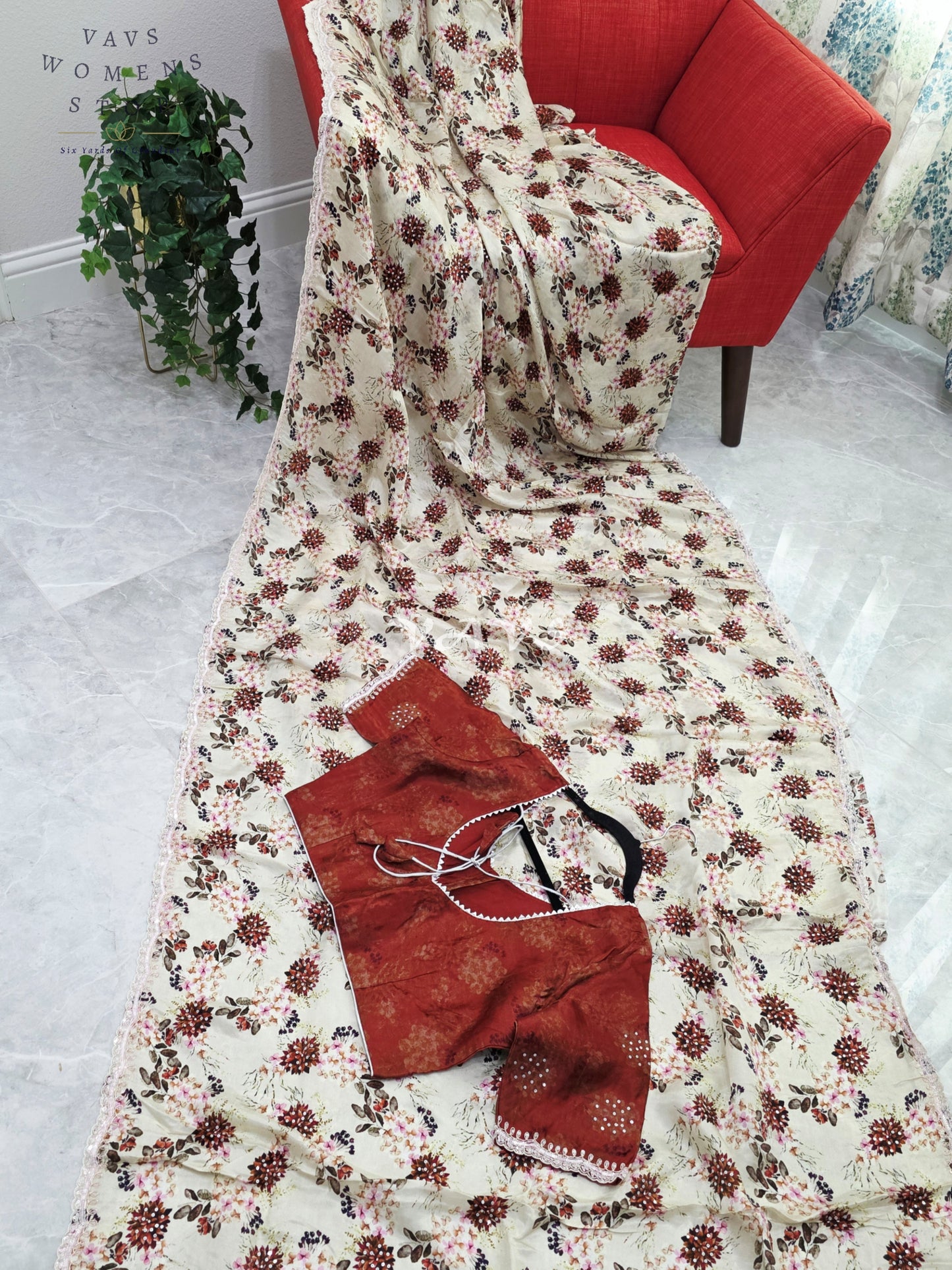Royal Ivory Sand Pure Crepe Floral Saree with Burnished Rust Stitched Blouse & Scalloped Lace Border