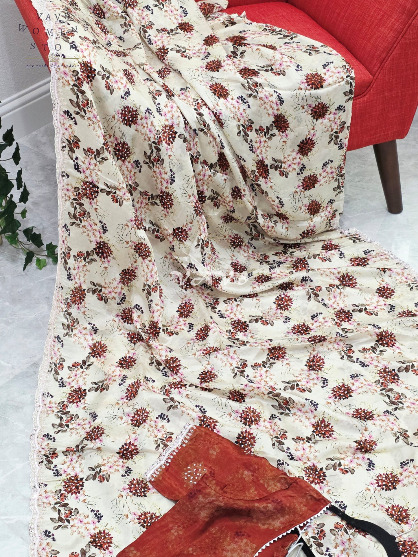 Royal Ivory Sand Pure Crepe Floral Saree with Burnished Rust Stitched Blouse & Scalloped Lace Border