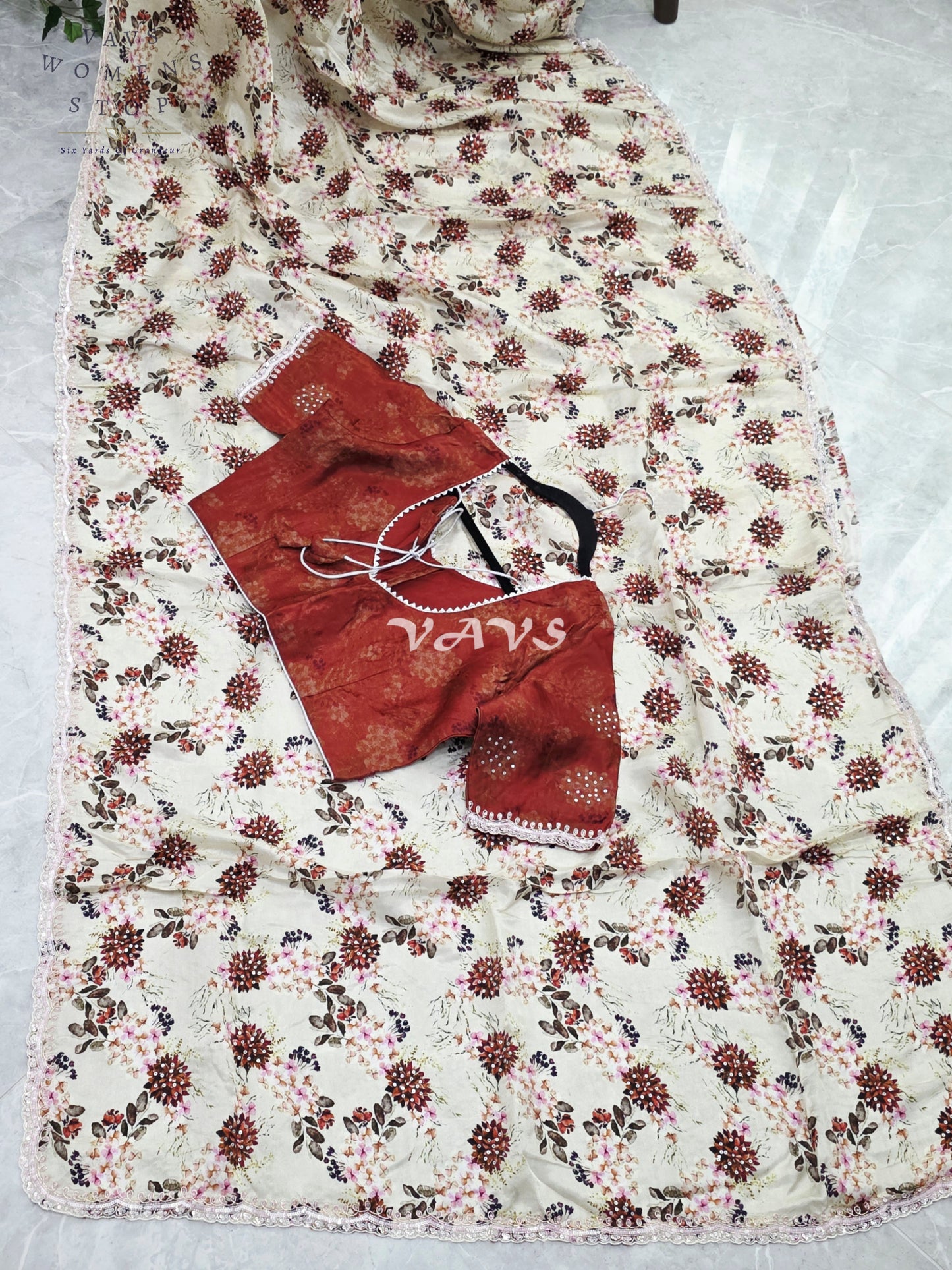 Royal Ivory Sand Pure Crepe Floral Saree with Burnished Rust Stitched Blouse & Scalloped Lace Border