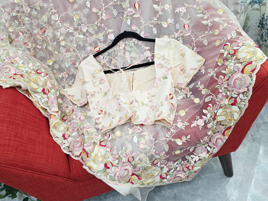 Royal Champagne Peach Soft Net Cocktail Saree with Multicolor Floral Embroidery, Crystal Stonework & Stitched Blouse
