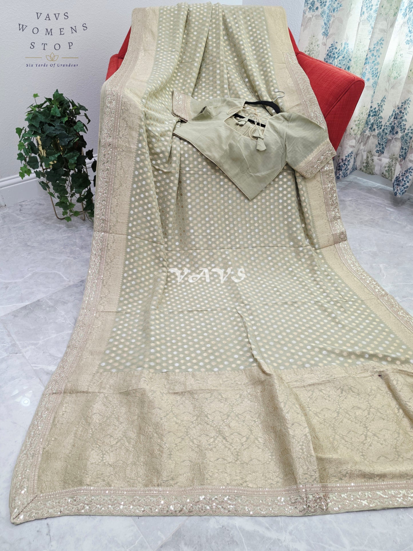 Royal Pistachio Sage Green Viscose Georgette Polka Butta Saree with Embroidered Lace Border & Premium Stitched Blouse Size 38-44