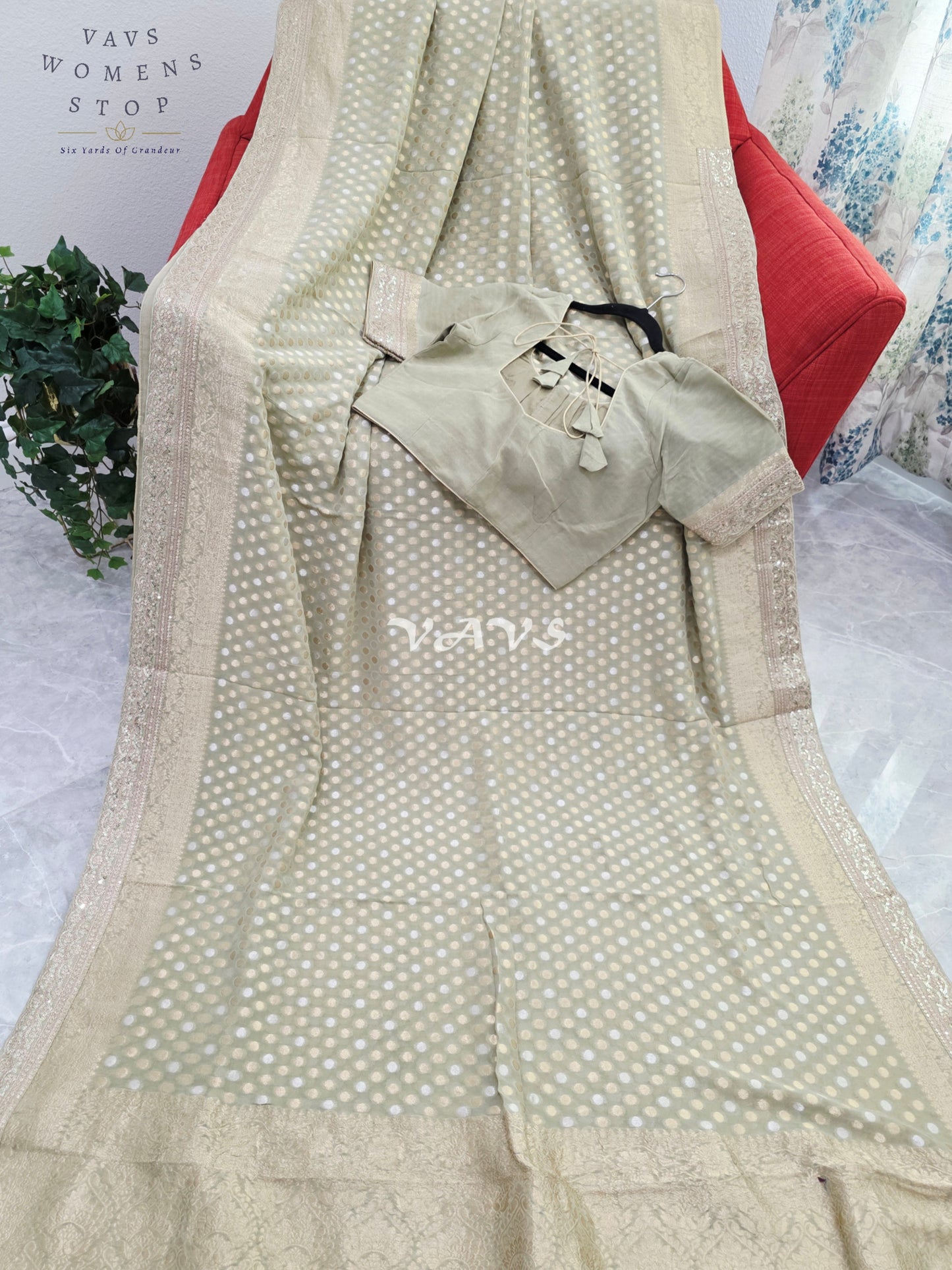 Royal Pistachio Sage Green Viscose Georgette Polka Butta Saree with Embroidered Lace Border & Premium Stitched Blouse Size 38-44