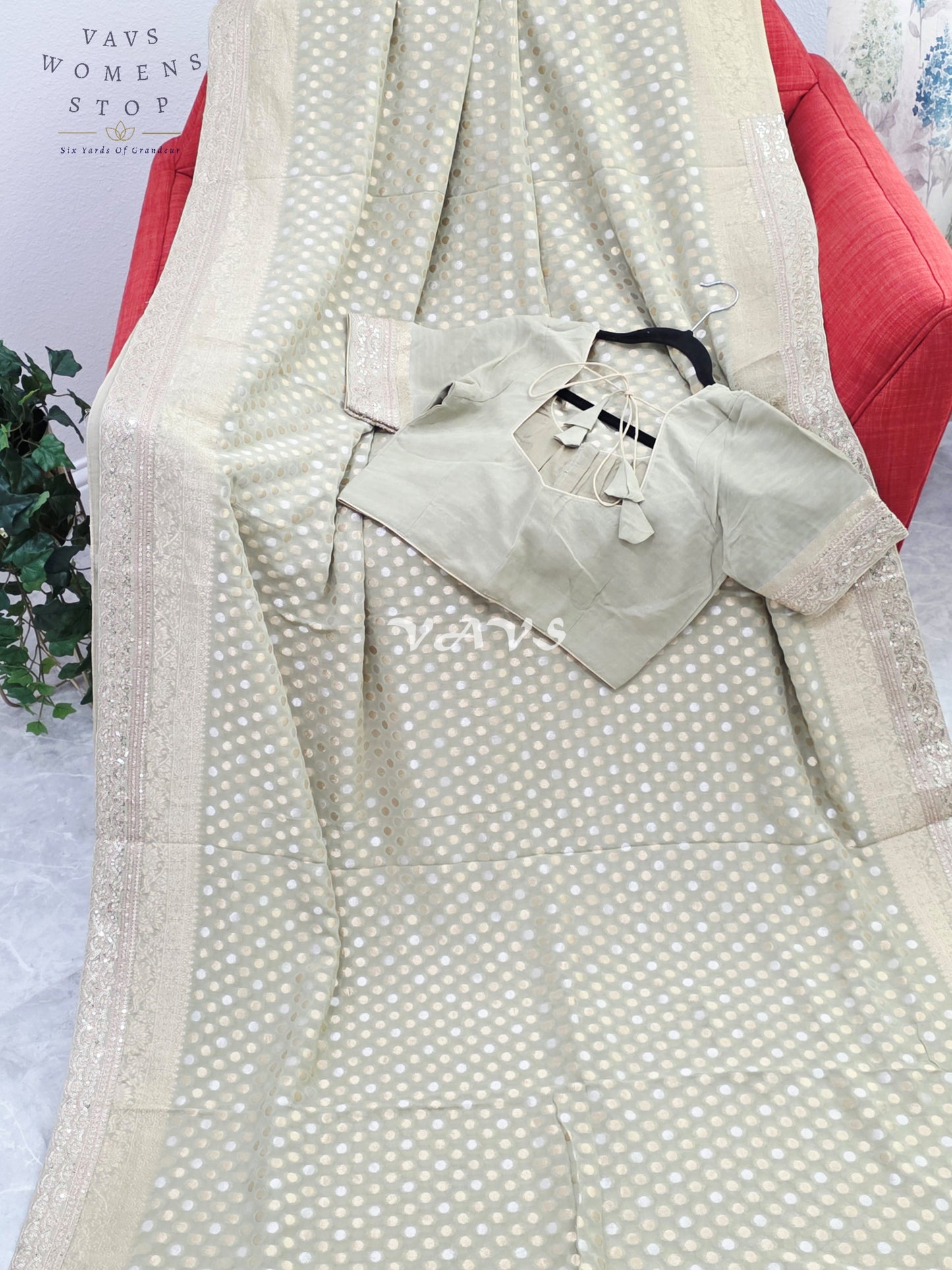Royal Pistachio Sage Green Viscose Georgette Polka Butta Saree with Embroidered Lace Border & Premium Stitched Blouse Size 38-44