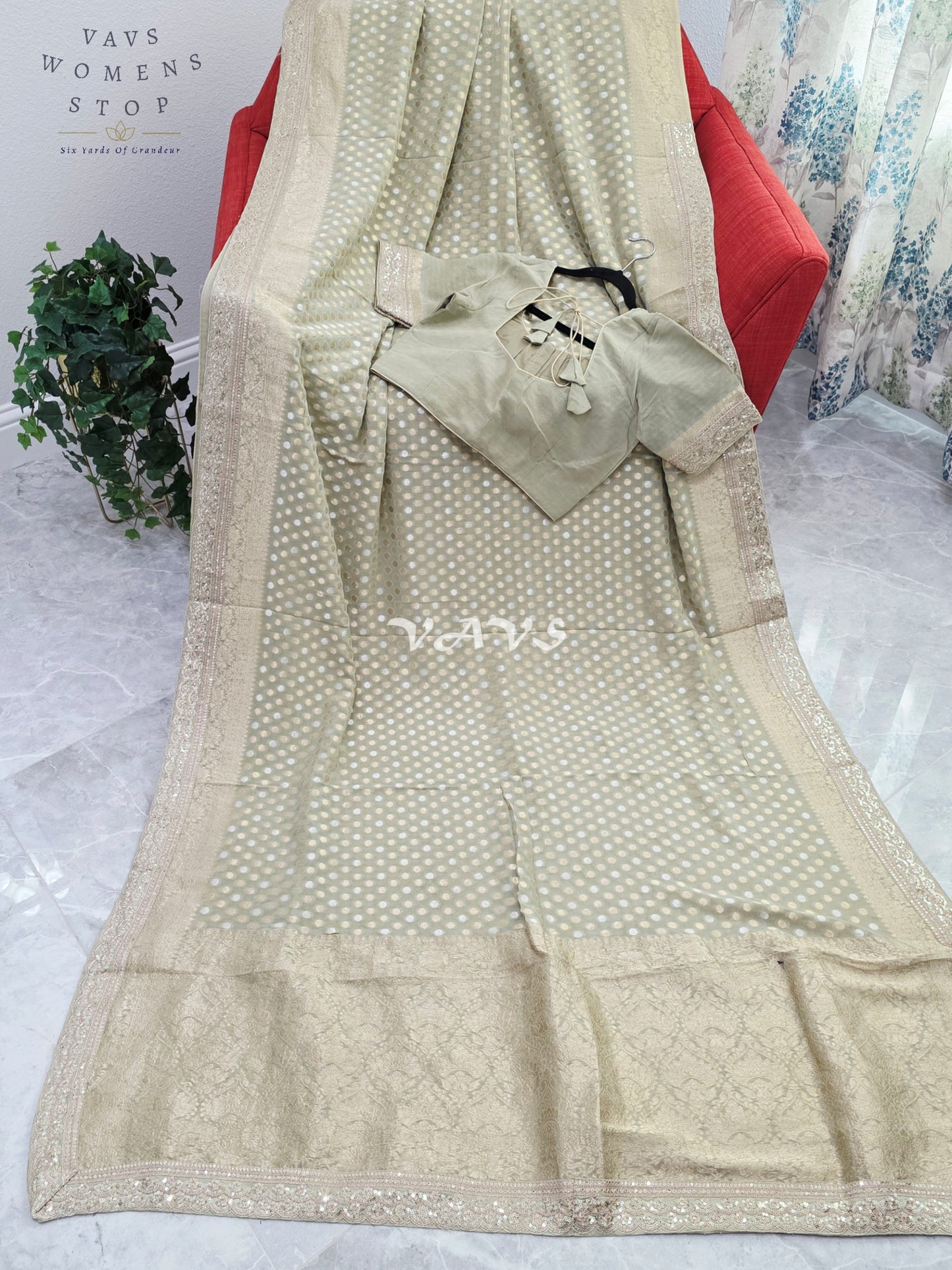 Royal Pistachio Sage Green Viscose Georgette Polka Butta Saree with Embroidered Lace Border & Premium Stitched Blouse Size 38-44