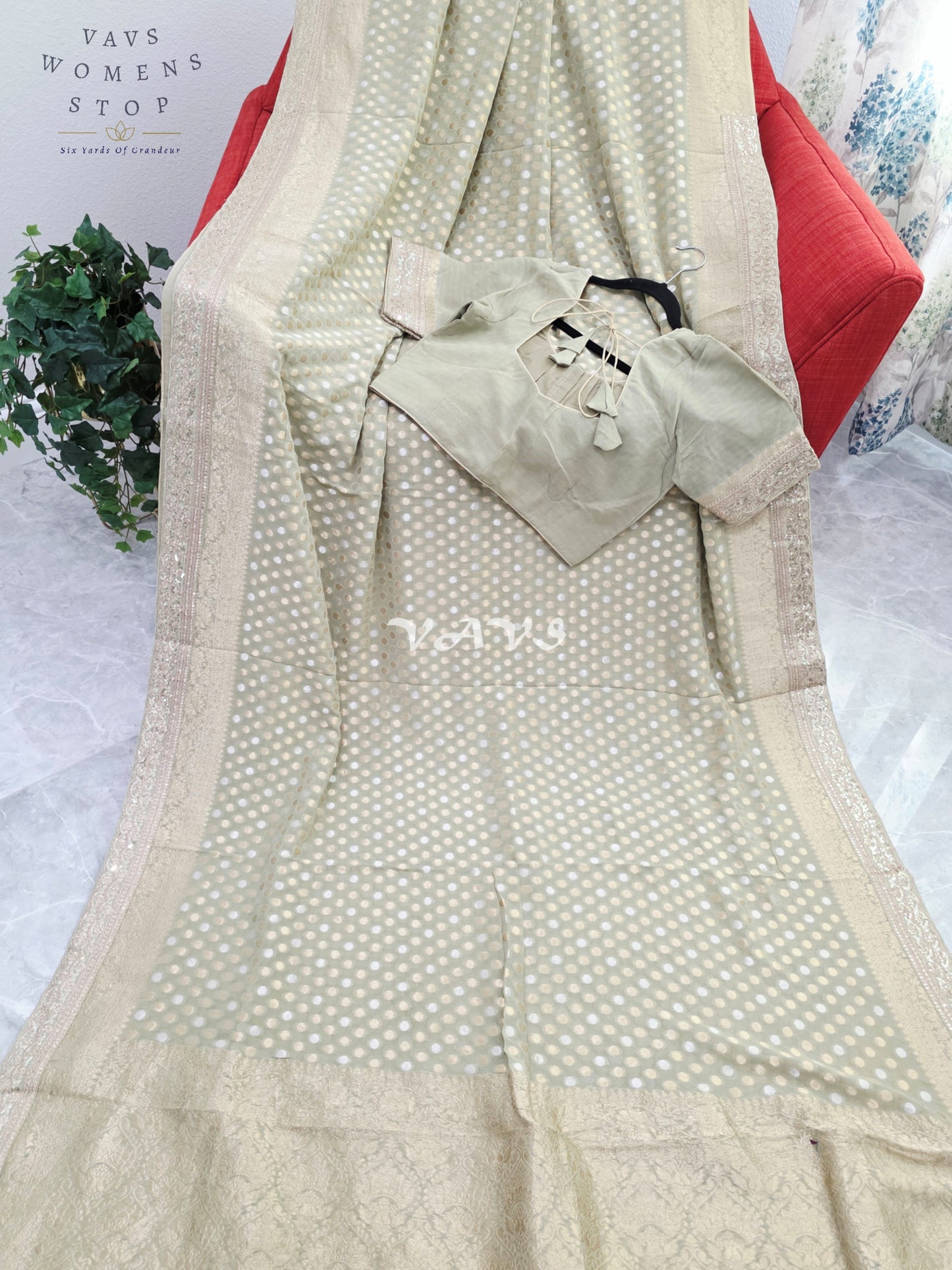Royal Pistachio Sage Green Viscose Georgette Polka Butta Saree with Embroidered Lace Border & Premium Stitched Blouse Size 38-44