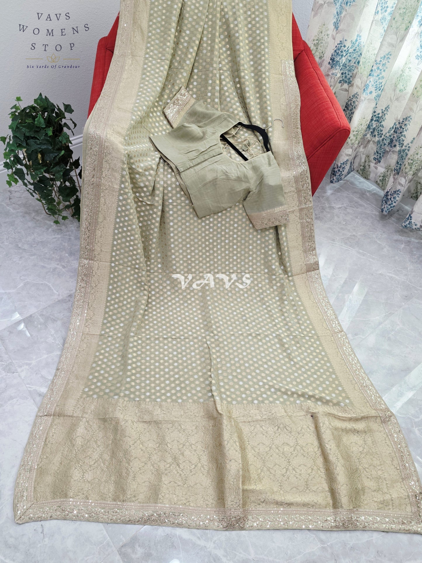 Royal Pistachio Sage Green Viscose Georgette Polka Butta Saree with Embroidered Lace Border & Premium Stitched Blouse Size 38-44
