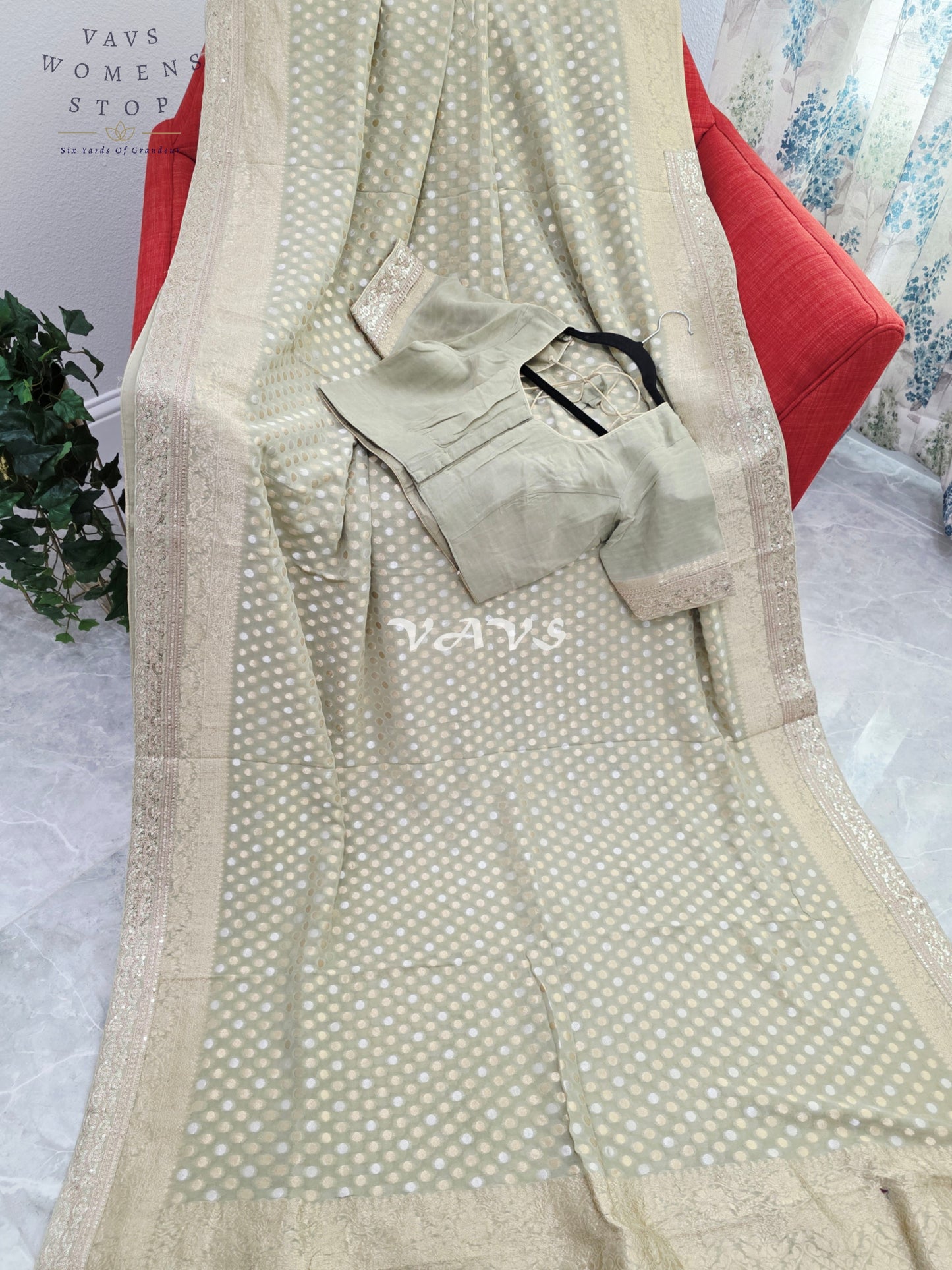 Royal Pistachio Sage Green Viscose Georgette Polka Butta Saree with Embroidered Lace Border & Premium Stitched Blouse Size 38-44