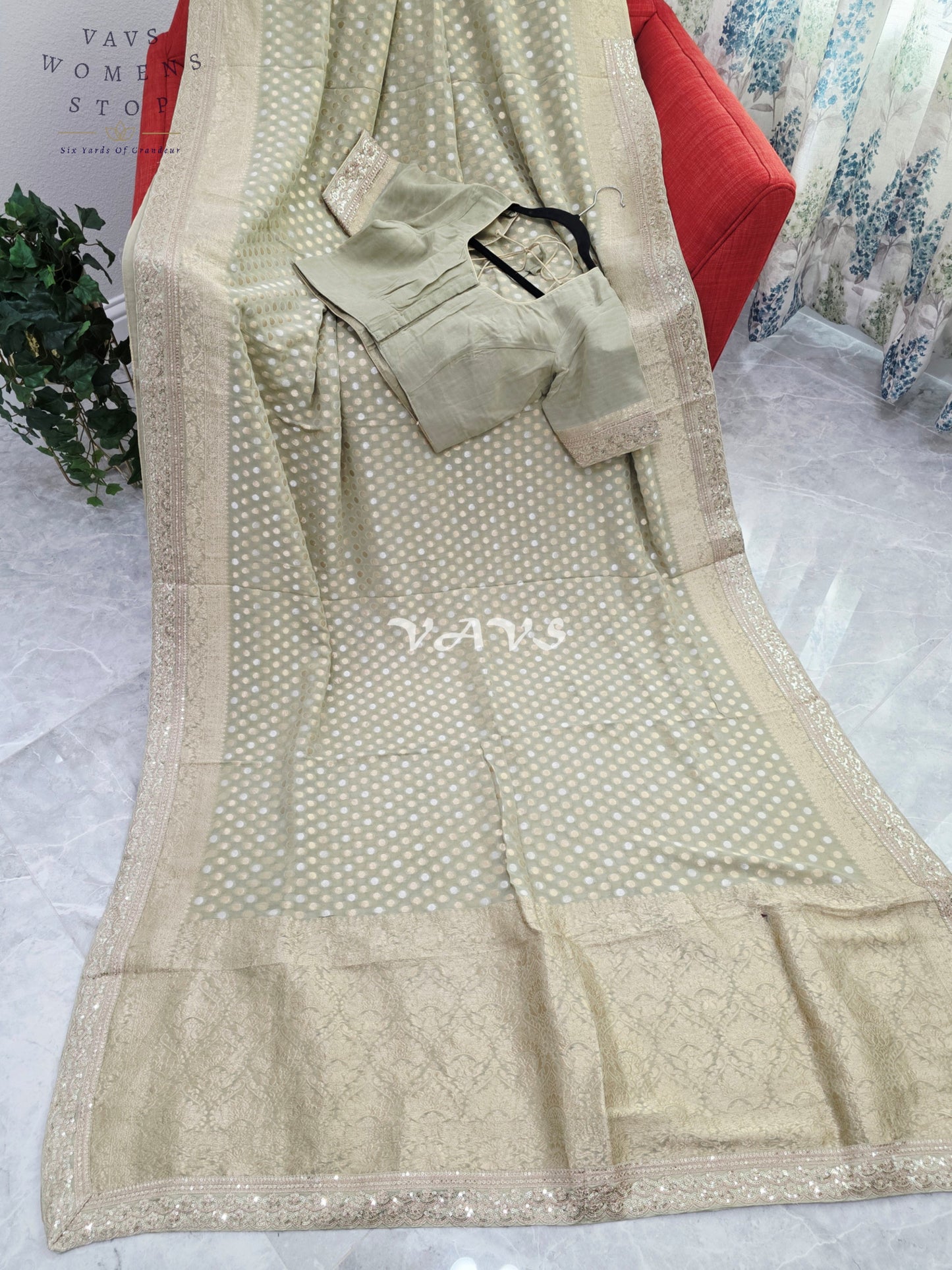 Royal Pistachio Sage Green Viscose Georgette Polka Butta Saree with Embroidered Lace Border & Premium Stitched Blouse Size 38-44
