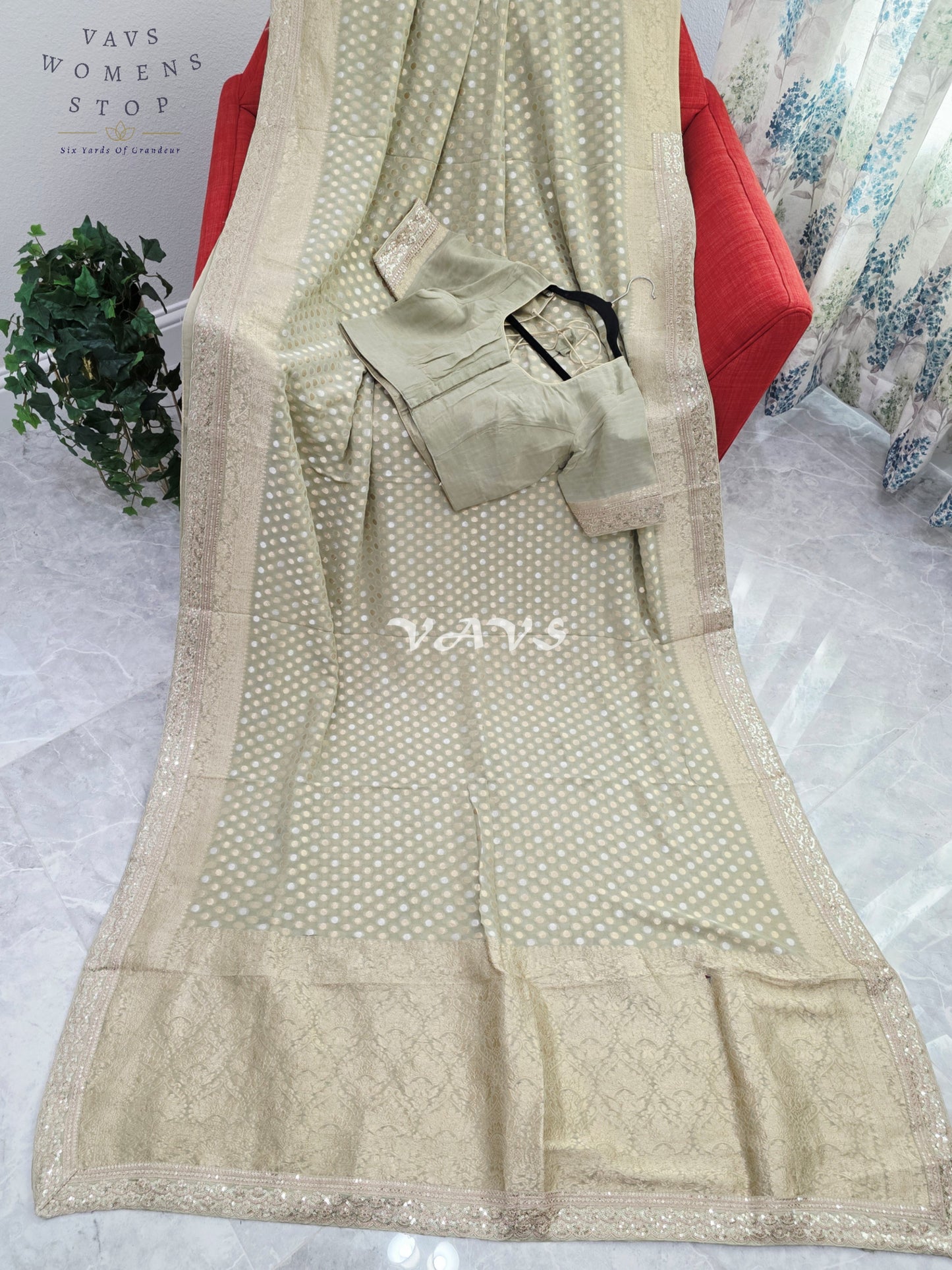 Royal Pistachio Sage Green Viscose Georgette Polka Butta Saree with Embroidered Lace Border & Premium Stitched Blouse Size 38-44