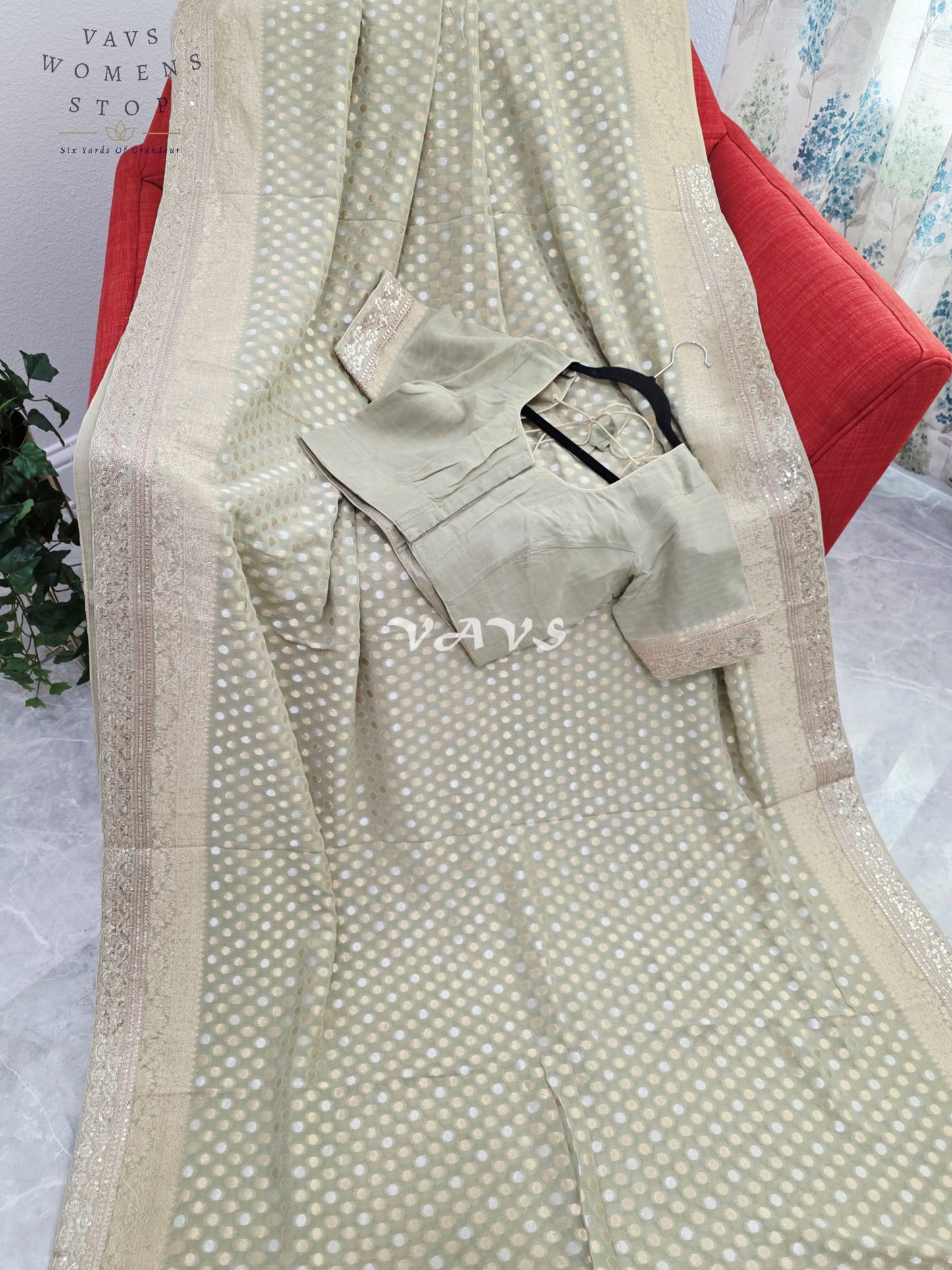 Royal Pistachio Sage Green Viscose Georgette Polka Butta Saree with Embroidered Lace Border & Premium Stitched Blouse Size 38-44
