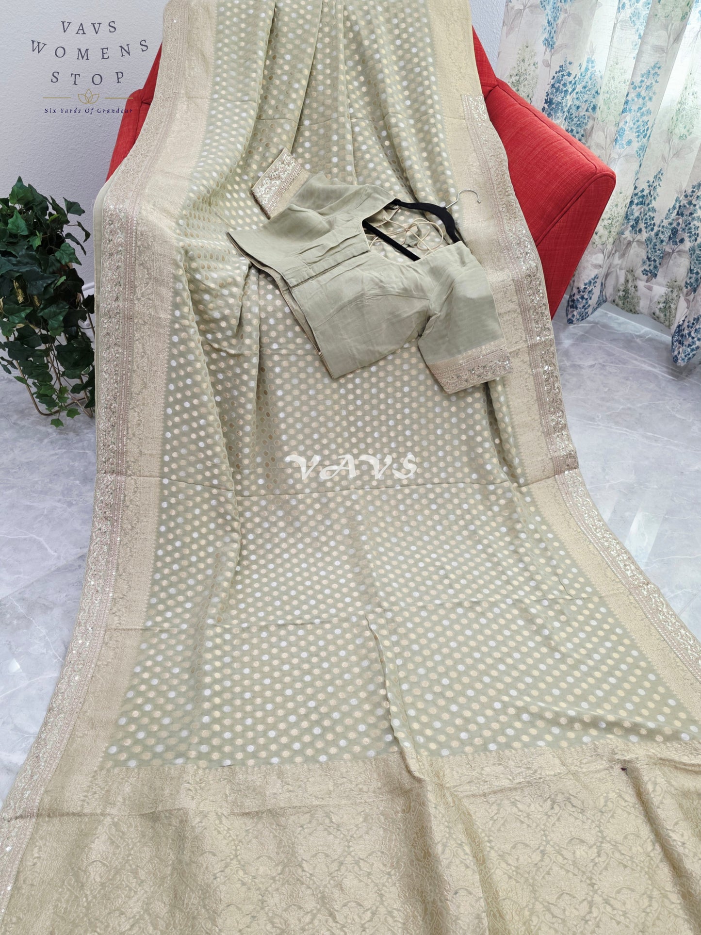 Royal Pistachio Sage Green Viscose Georgette Polka Butta Saree with Embroidered Lace Border & Premium Stitched Blouse Size 38-44