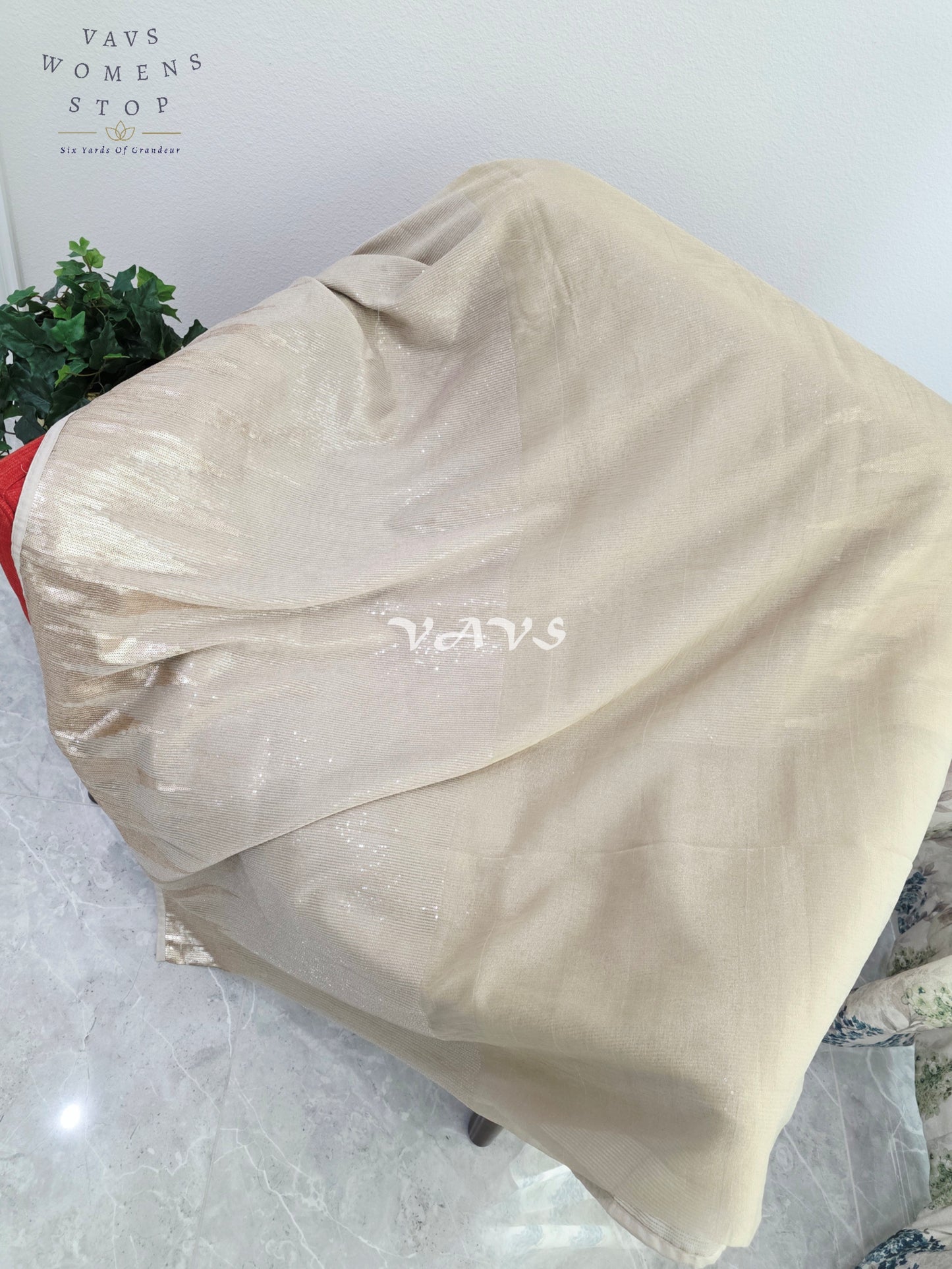 Royal Champagne Gold Premium Tissue Sequins Saree with Temple Border & Designer Stitched Blouse