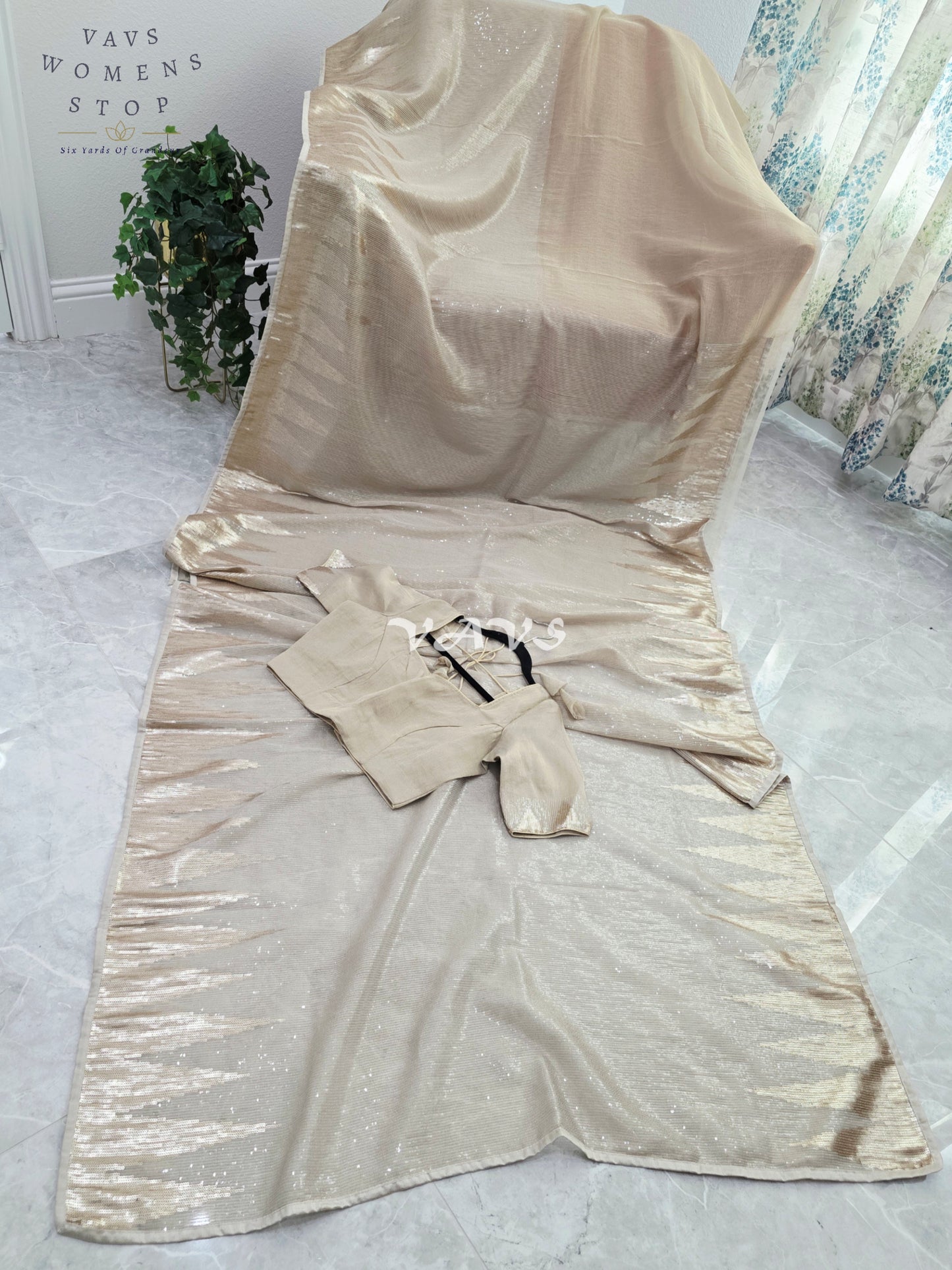 Royal Champagne Gold Premium Tissue Sequins Saree with Temple Border & Designer Stitched Blouse
