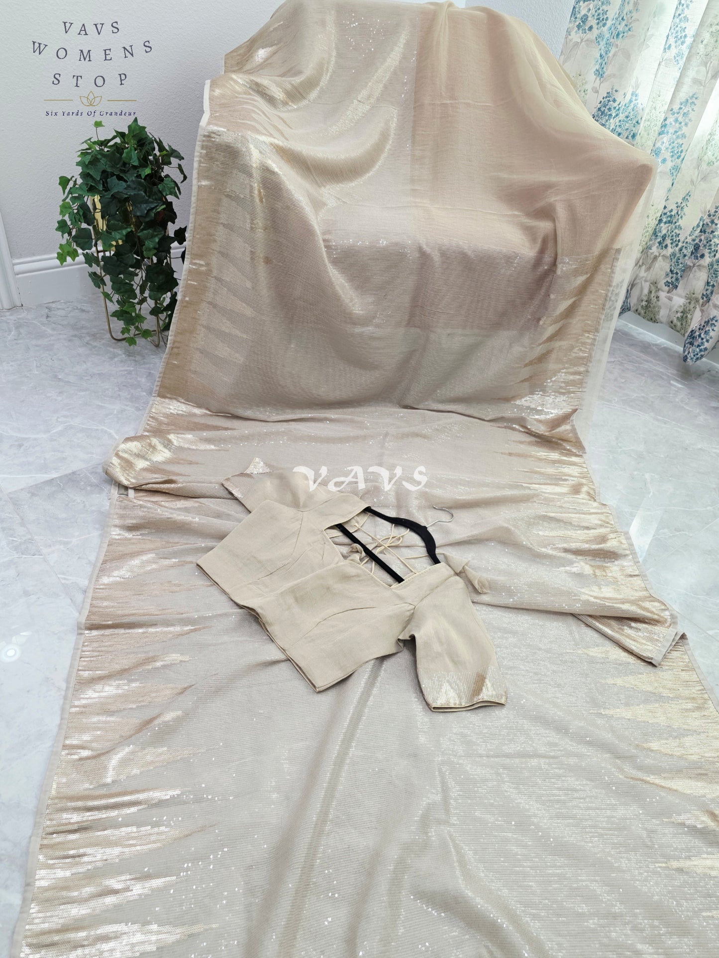 Royal Champagne Gold Premium Tissue Sequins Saree with Temple Border & Designer Stitched Blouse