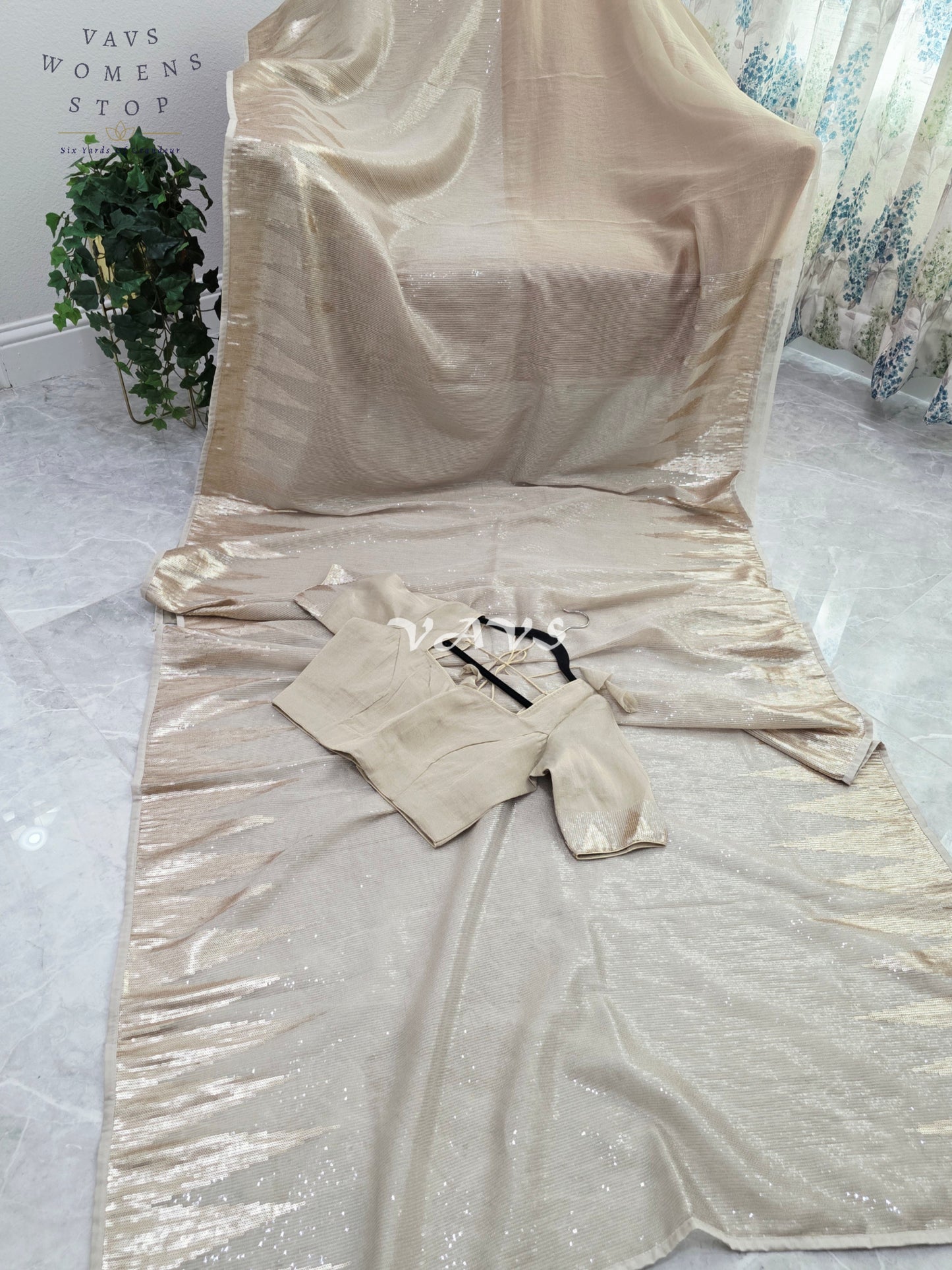 Royal Champagne Gold Premium Tissue Sequins Saree with Temple Border & Designer Stitched Blouse