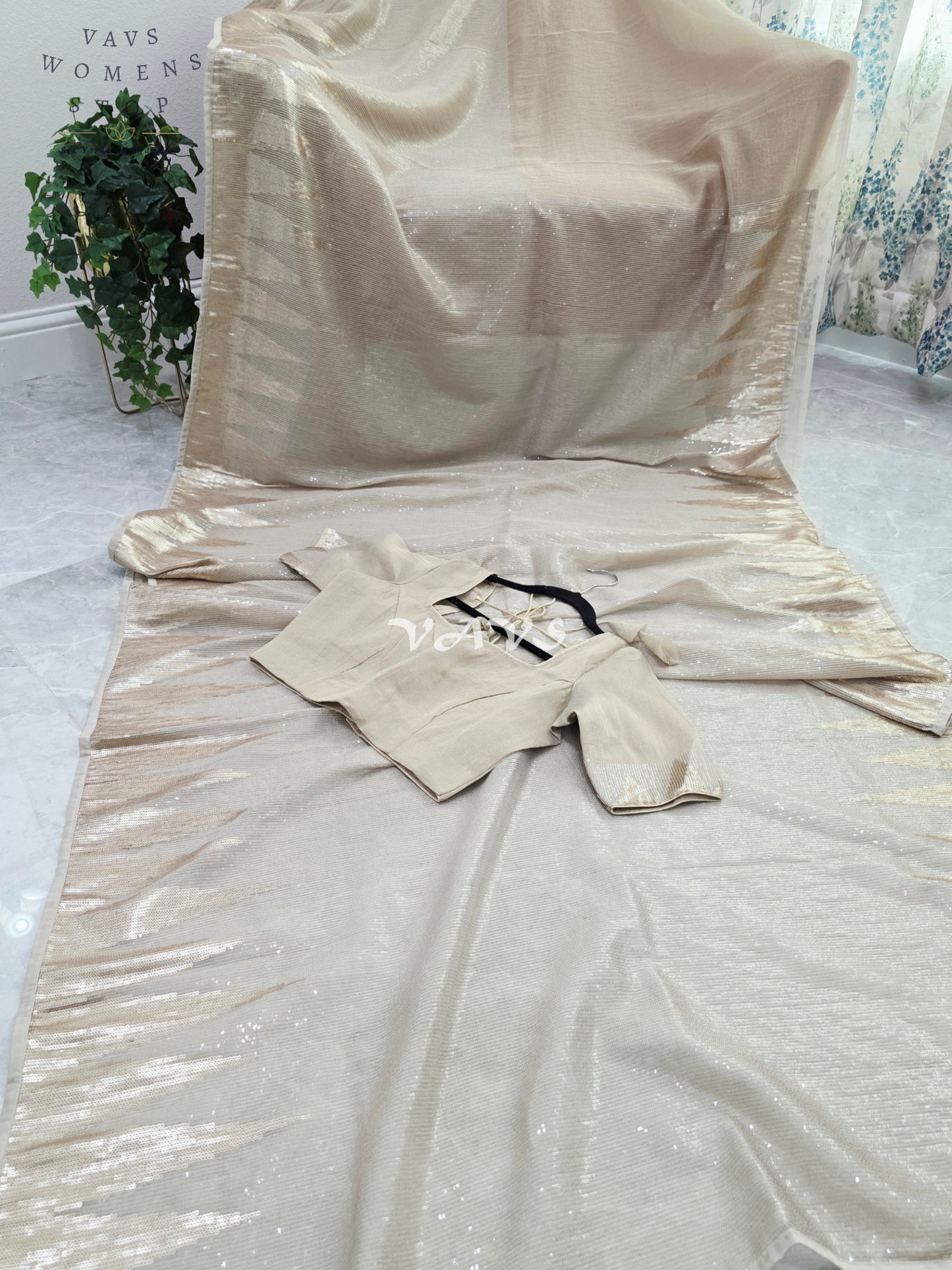 Royal Champagne Gold Premium Tissue Sequins Saree with Temple Border & Designer Stitched Blouse