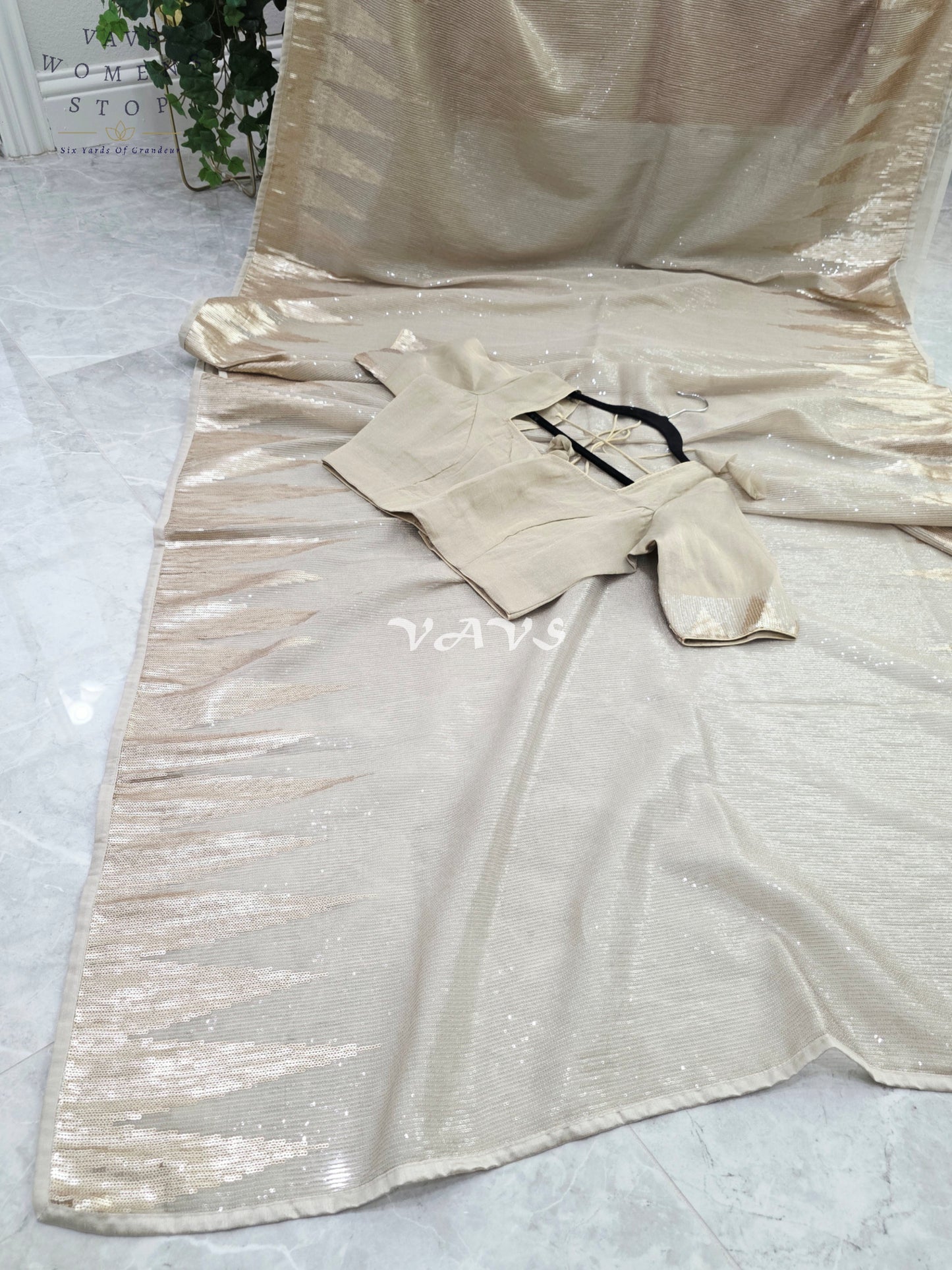 Royal Champagne Gold Premium Tissue Sequins Saree with Temple Border & Designer Stitched Blouse