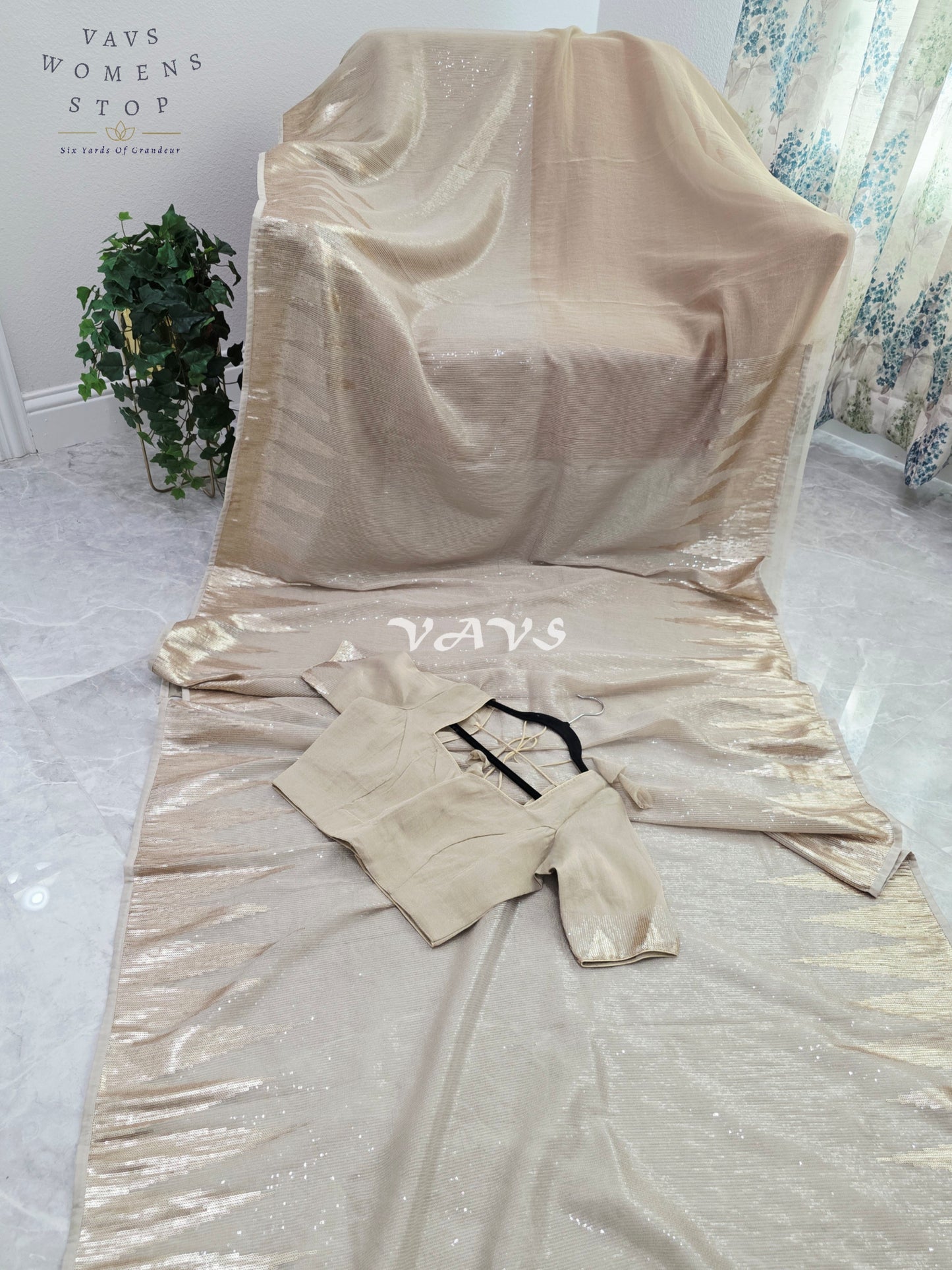 Royal Champagne Gold Premium Tissue Sequins Saree with Temple Border & Designer Stitched Blouse