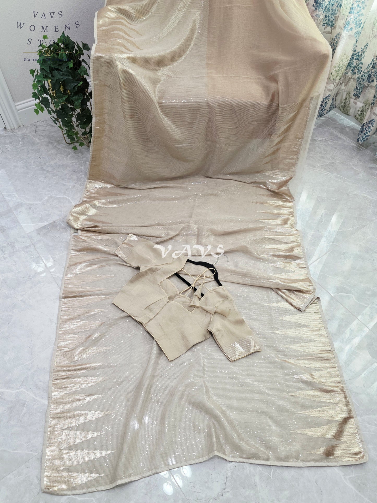 Royal Champagne Gold Premium Tissue Sequins Saree with Temple Border & Designer Stitched Blouse