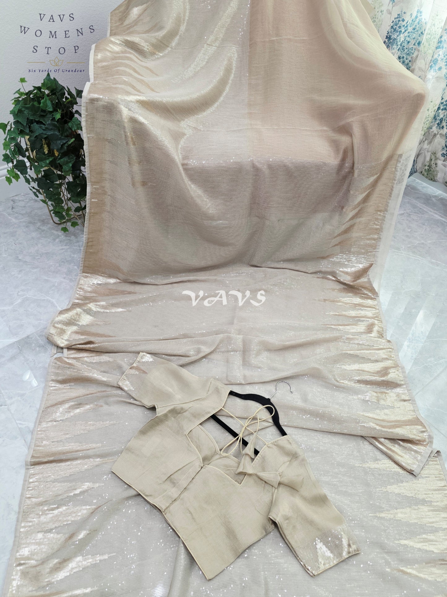 Royal Champagne Gold Premium Tissue Sequins Saree with Temple Border & Designer Stitched Blouse