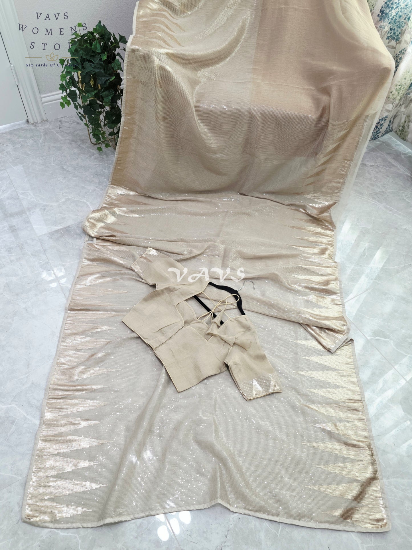 Royal Champagne Gold Premium Tissue Sequins Saree with Temple Border & Designer Stitched Blouse