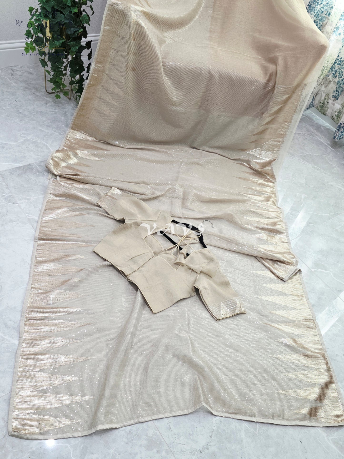 Royal Champagne Gold Premium Tissue Sequins Saree with Temple Border & Designer Stitched Blouse
