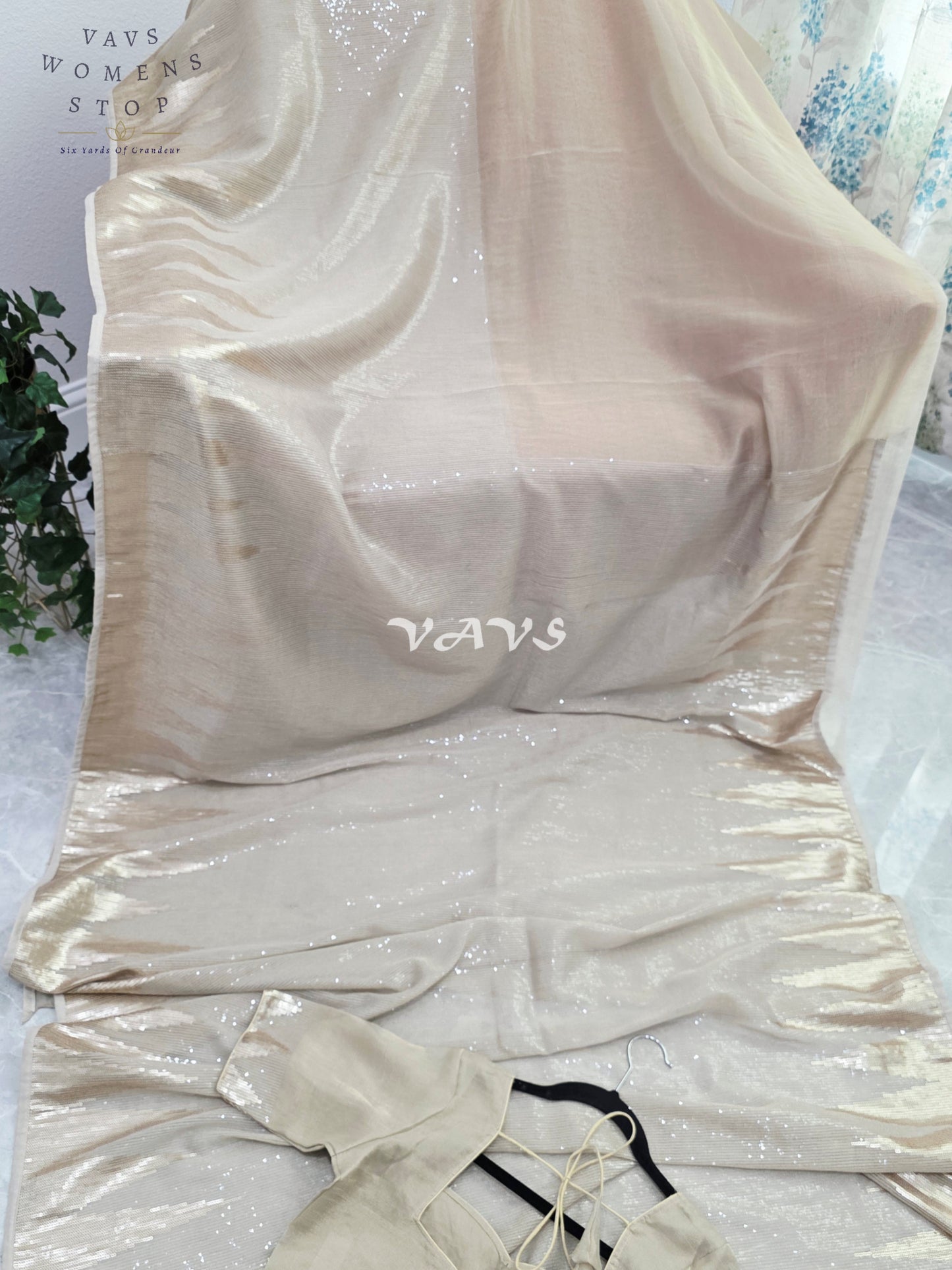 Royal Champagne Gold Premium Tissue Sequins Saree with Temple Border & Designer Stitched Blouse