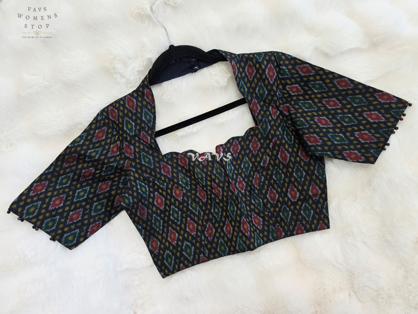 Royal Onyx Black Pure Sico Pochampally Ikkat Designer Stitched Blouse
