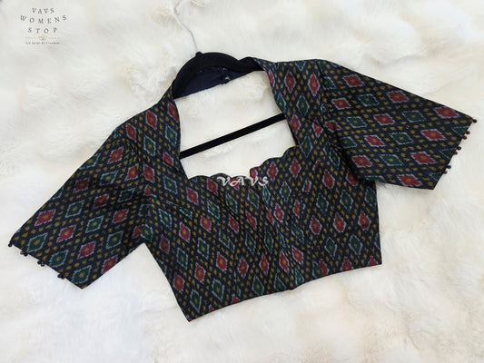 Royal Onyx Black Pure Sico Pochampally Ikkat Designer Stitched Blouse