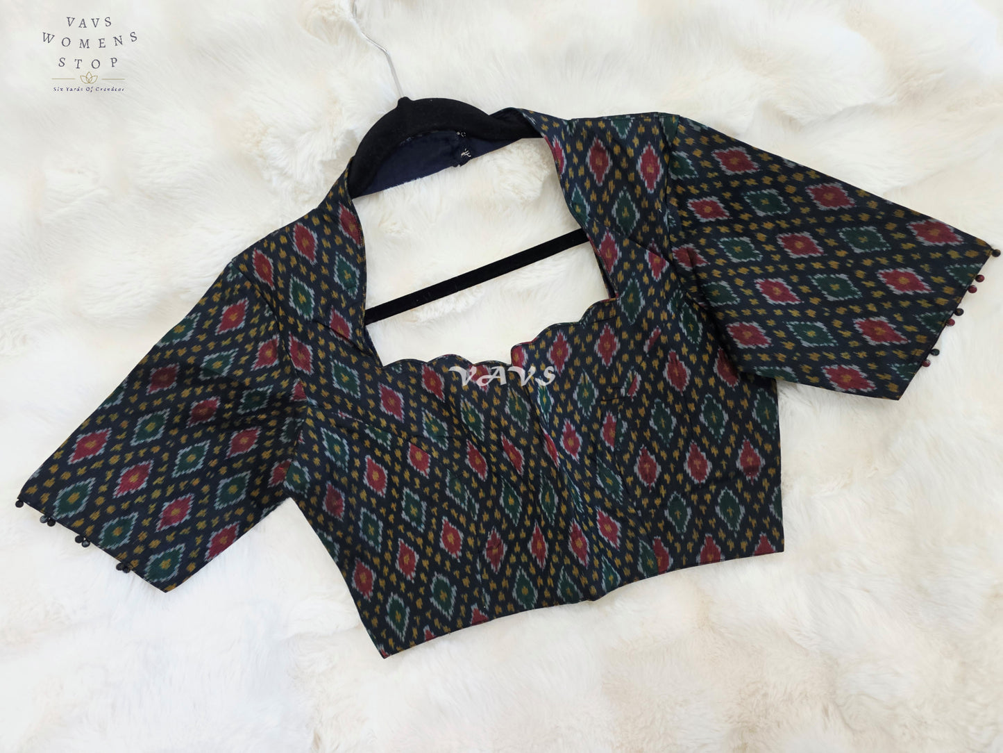 Royal Onyx Black Pure Sico Pochampally Ikkat Designer Stitched Blouse