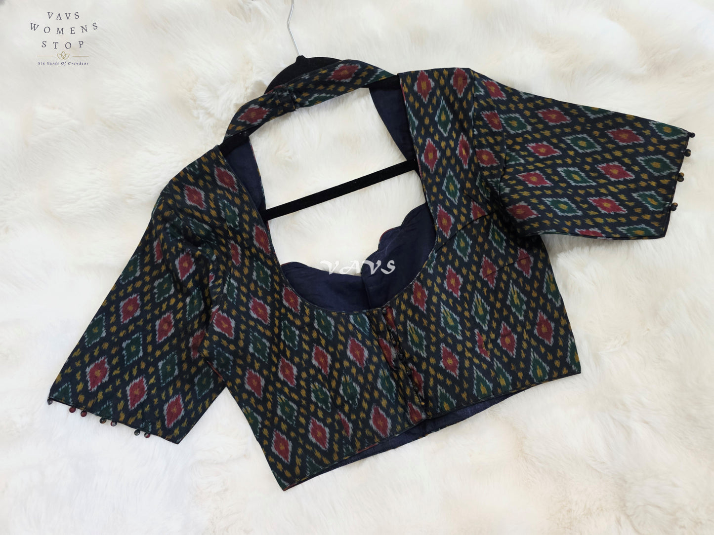 Royal Onyx Black Pure Sico Pochampally Ikkat Designer Stitched Blouse