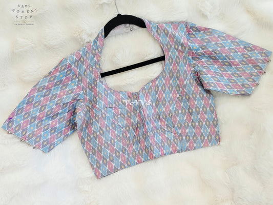 Royal Pastel Sky Blue Pure Sico Ikkat Pochampally Designer Stitched Blouse