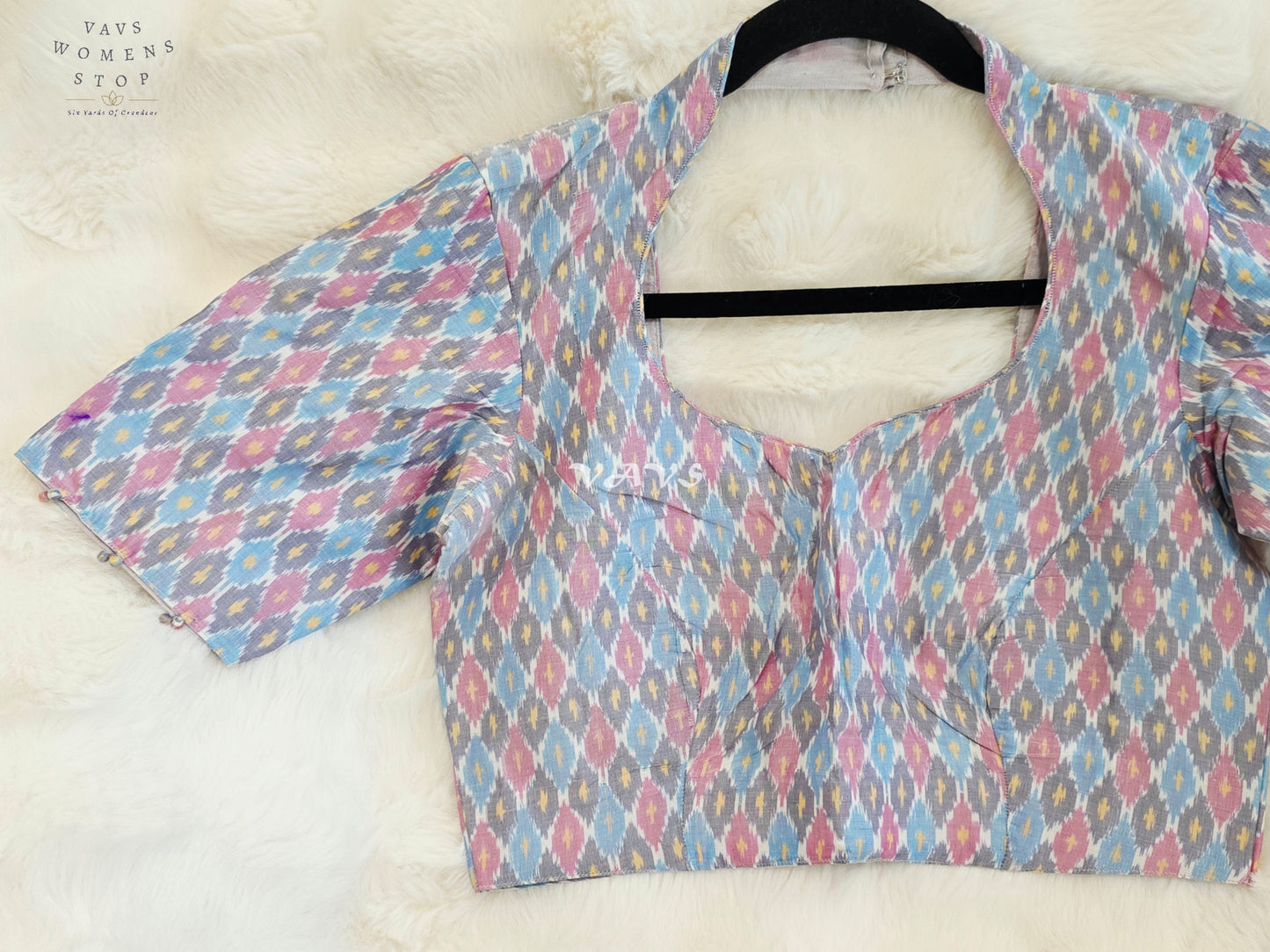 Royal Pastel Sky Blue Pure Sico Ikkat Pochampally Designer Stitched Blouse