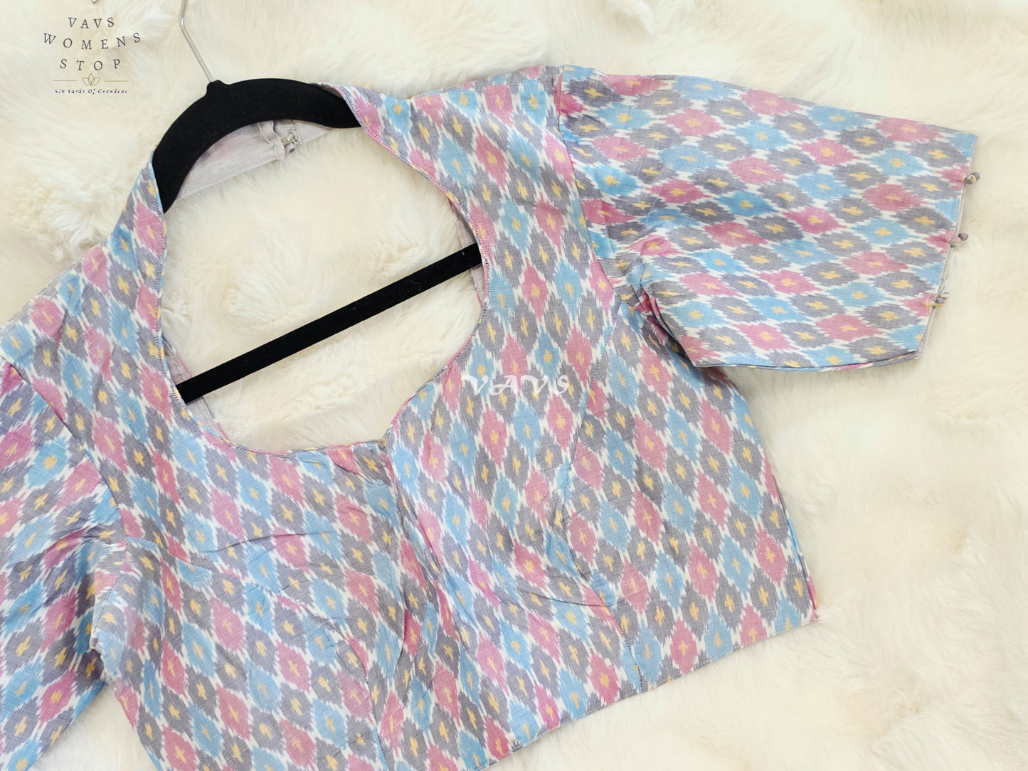 Royal Pastel Sky Blue Pure Sico Ikkat Pochampally Designer Stitched Blouse