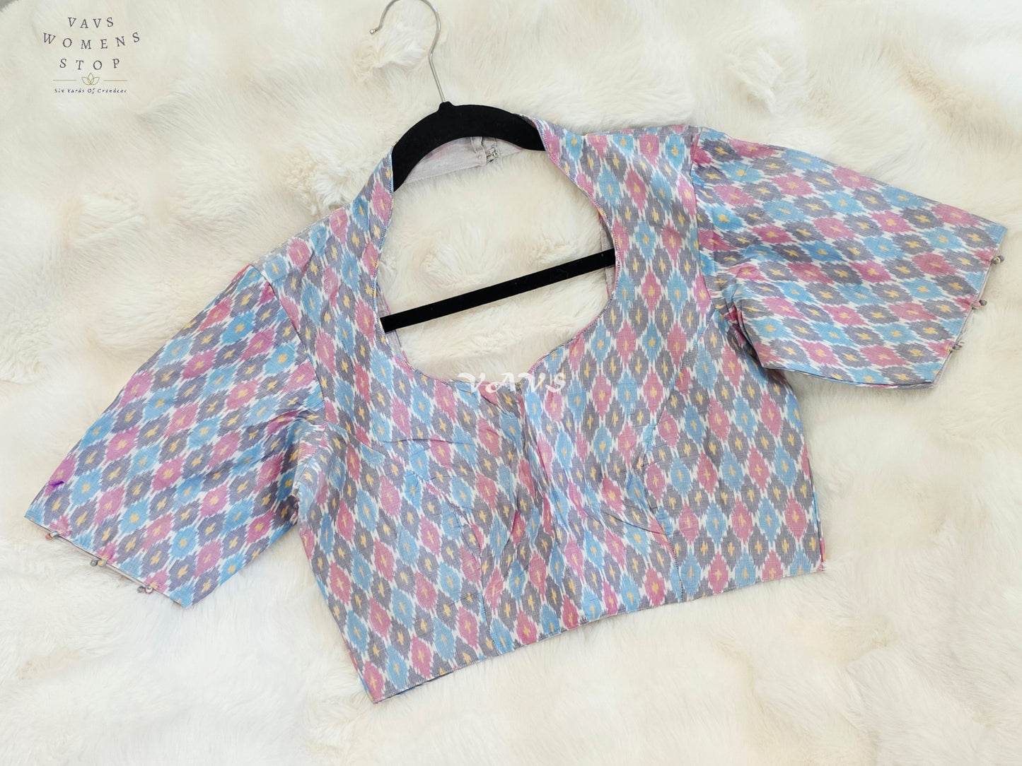 Royal Pastel Sky Blue Pure Sico Ikkat Pochampally Designer Stitched Blouse