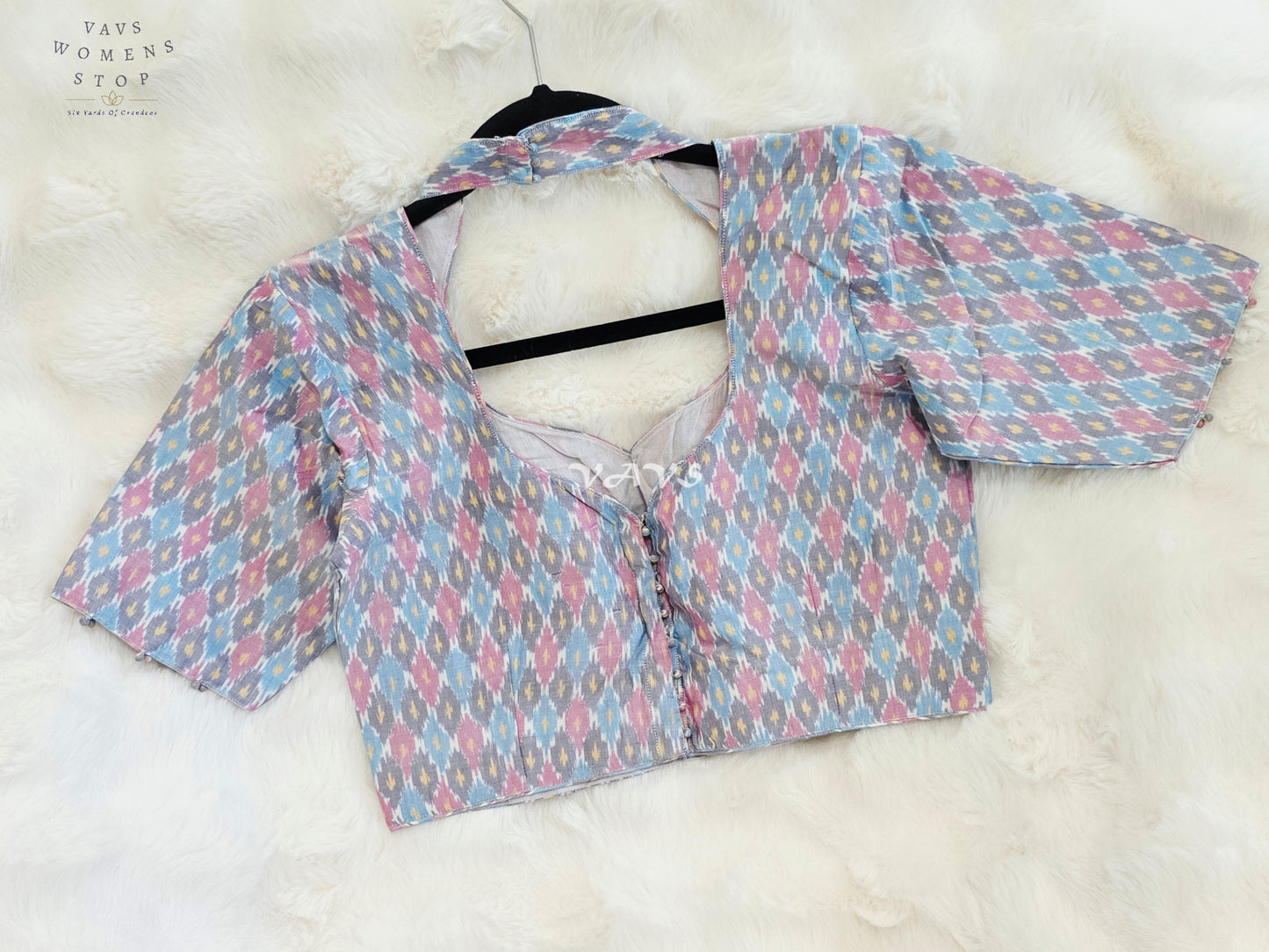 Royal Pastel Sky Blue Pure Sico Ikkat Pochampally Designer Stitched Blouse