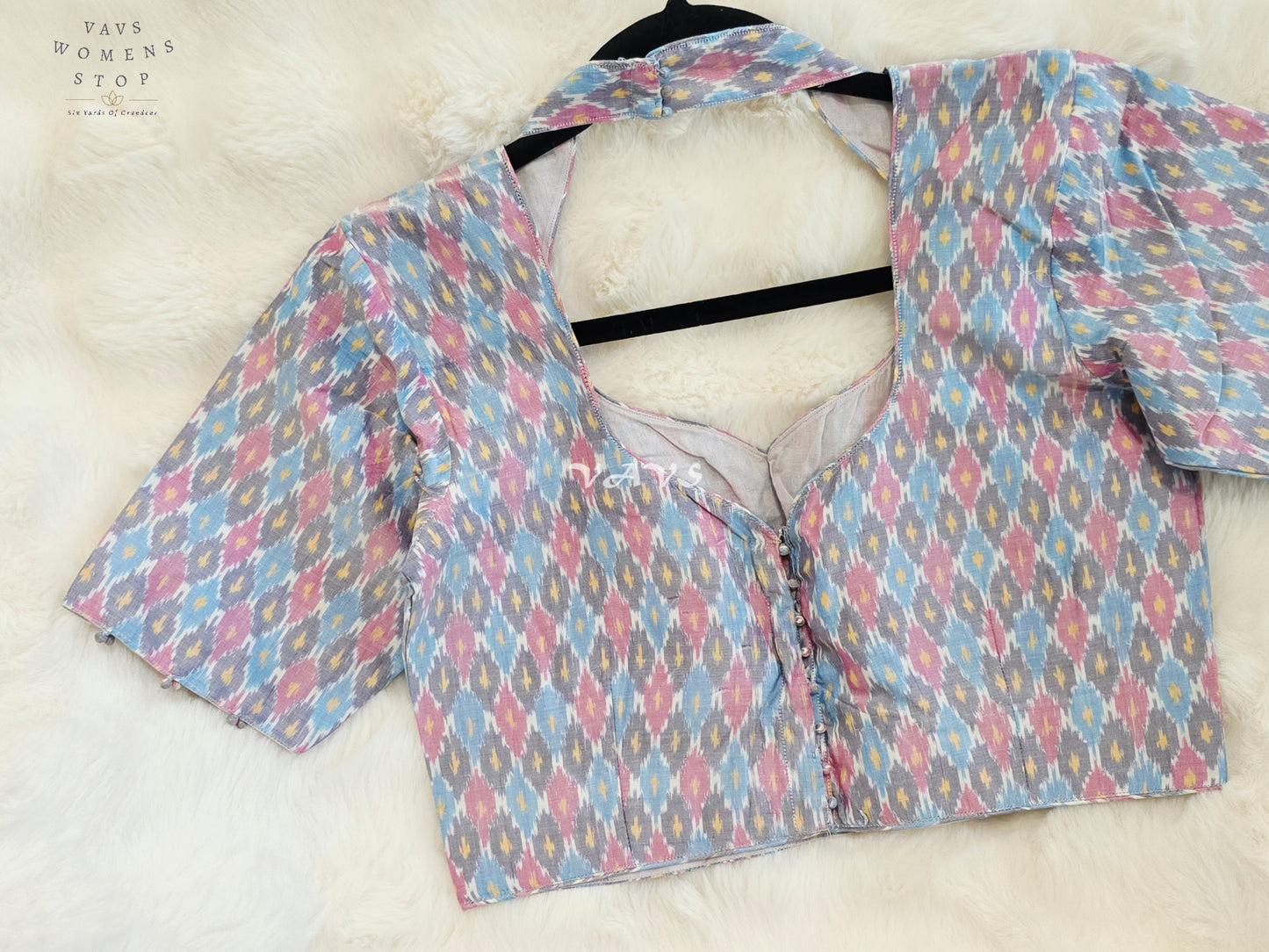 Royal Pastel Sky Blue Pure Sico Ikkat Pochampally Designer Stitched Blouse