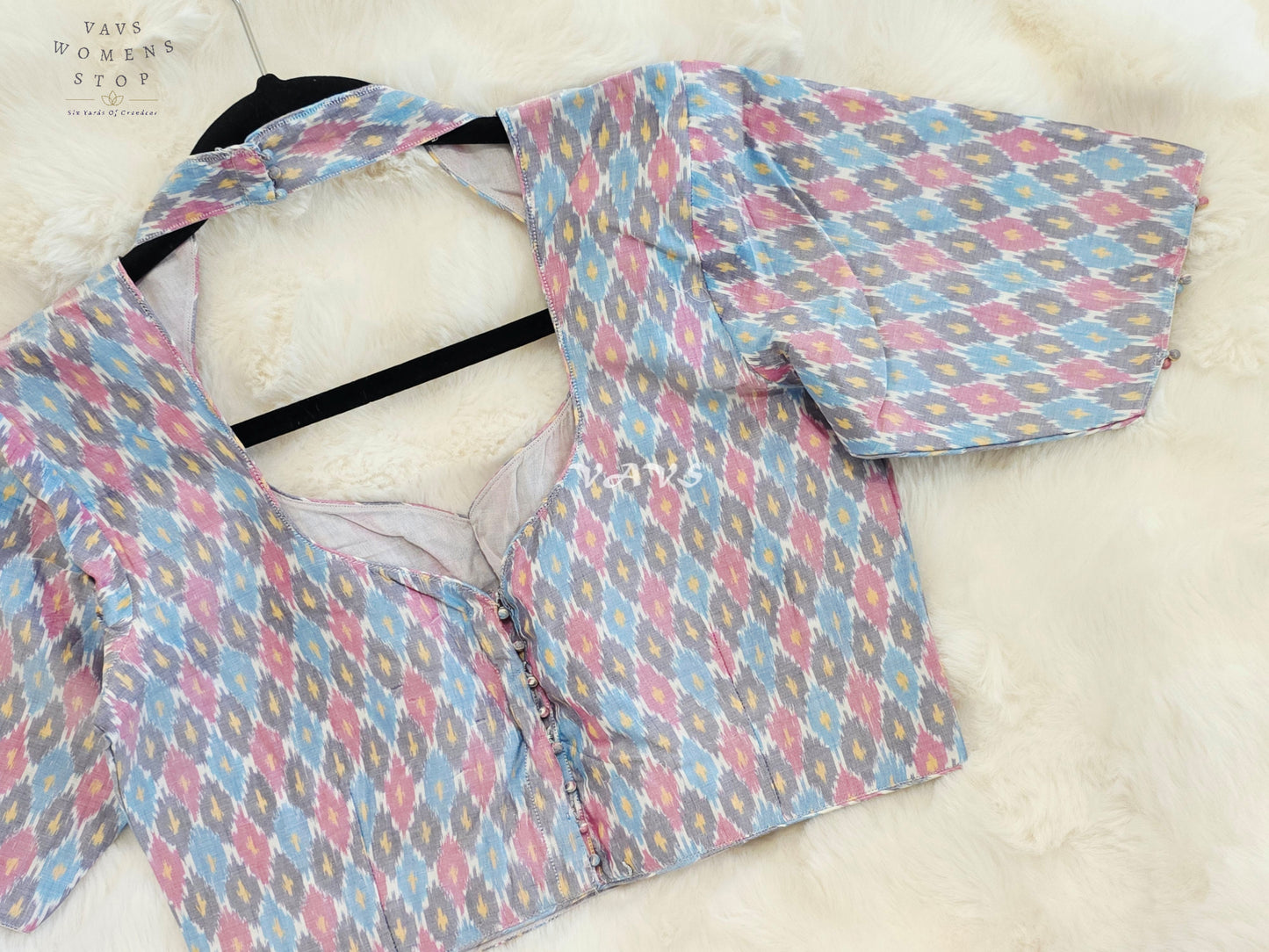 Royal Pastel Sky Blue Pure Sico Ikkat Pochampally Designer Stitched Blouse