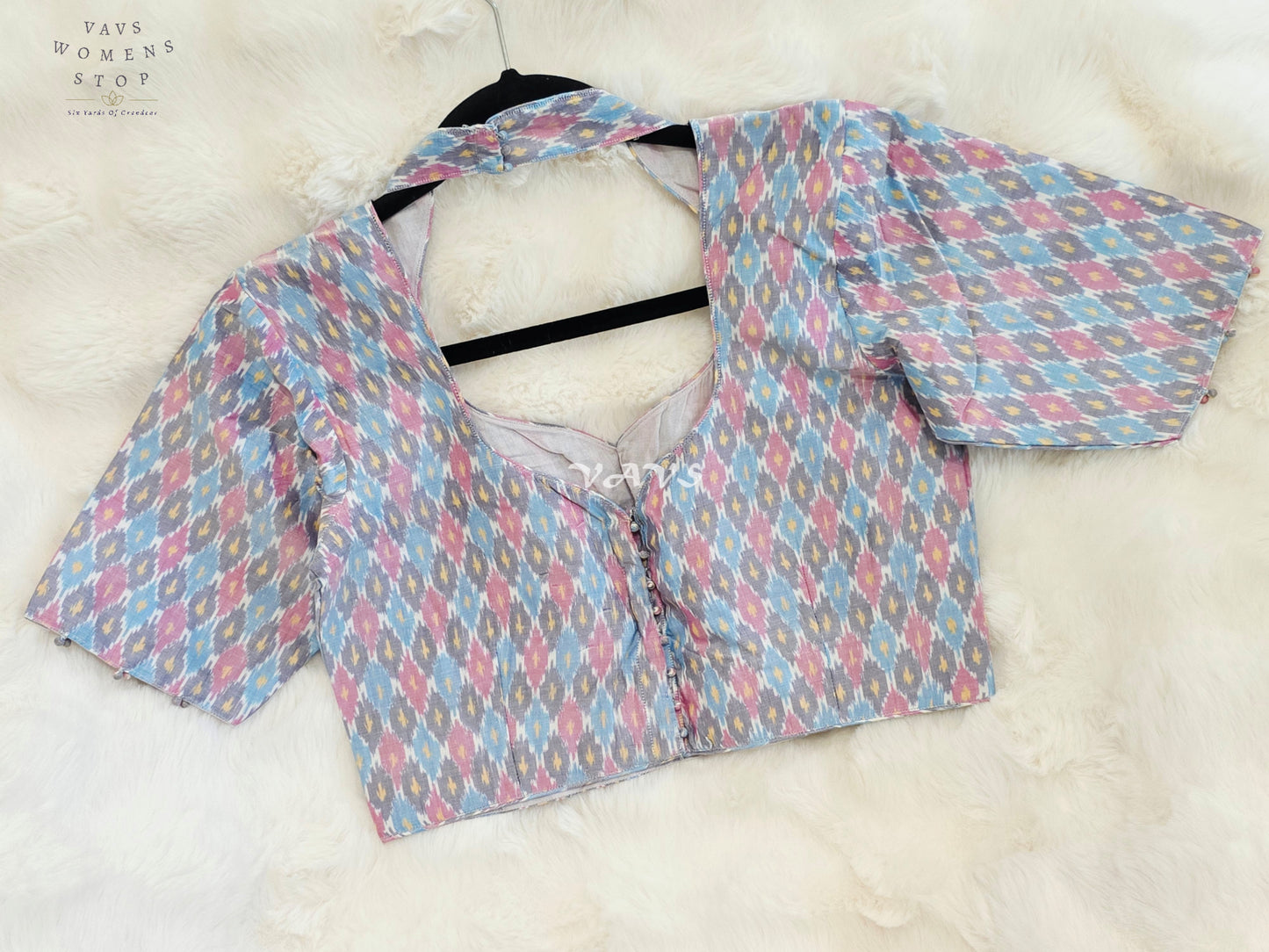 Royal Pastel Sky Blue Pure Sico Ikkat Pochampally Designer Stitched Blouse
