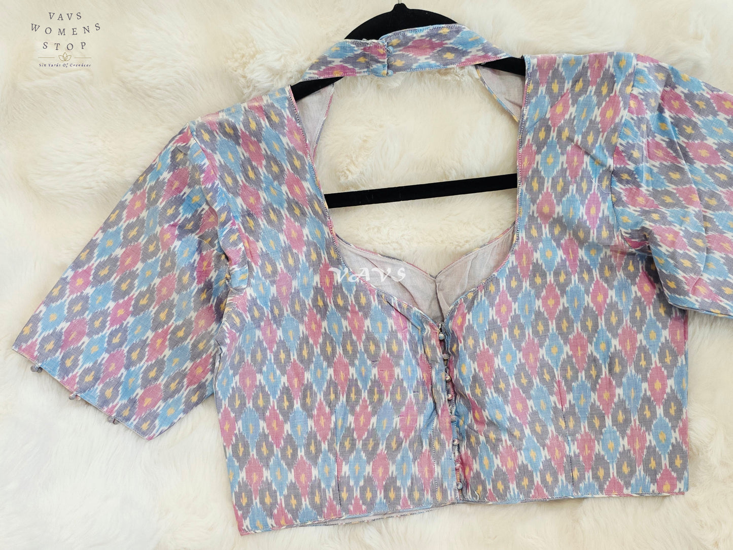 Royal Pastel Sky Blue Pure Sico Ikkat Pochampally Designer Stitched Blouse