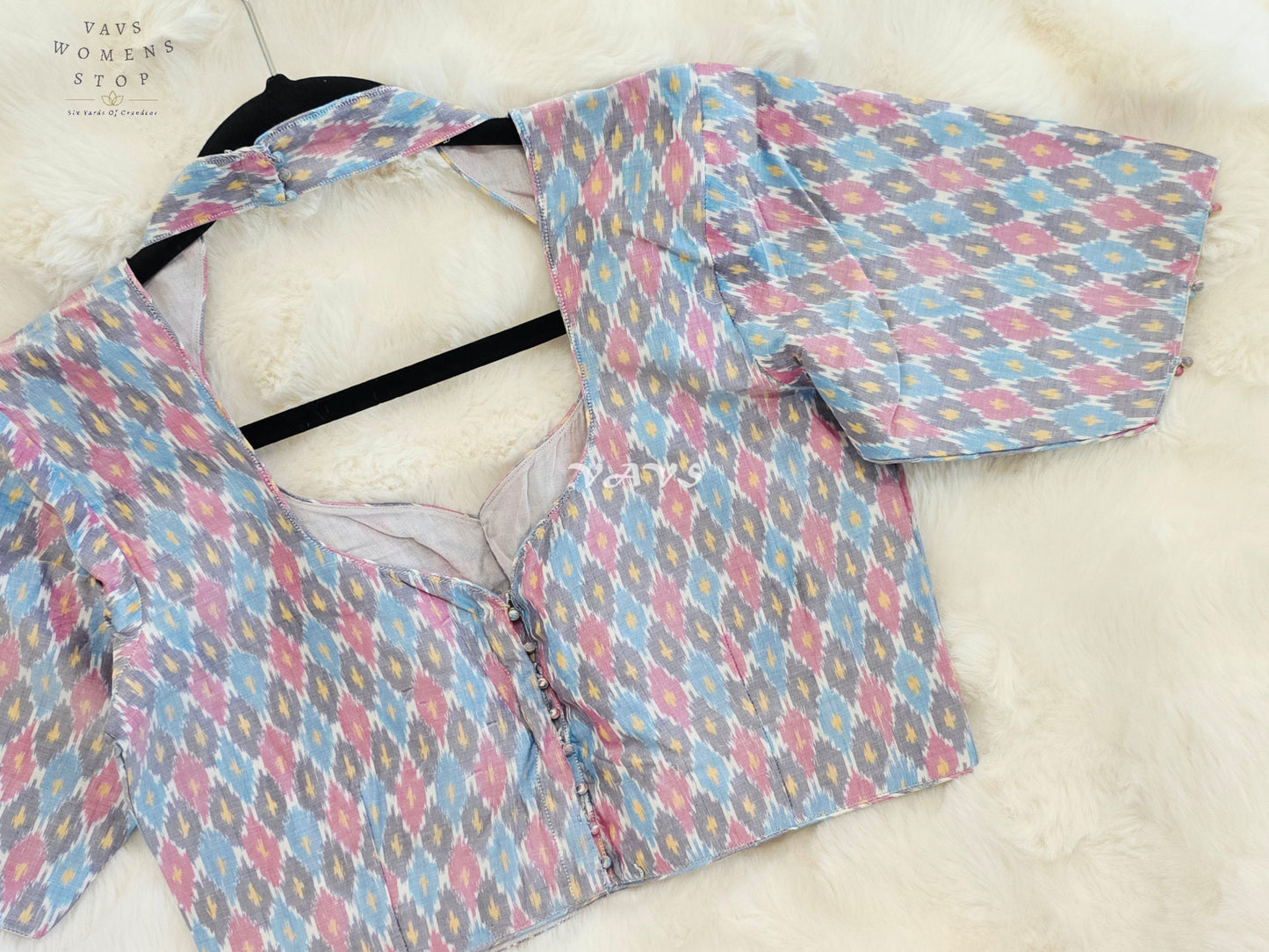Royal Pastel Sky Blue Pure Sico Ikkat Pochampally Designer Stitched Blouse