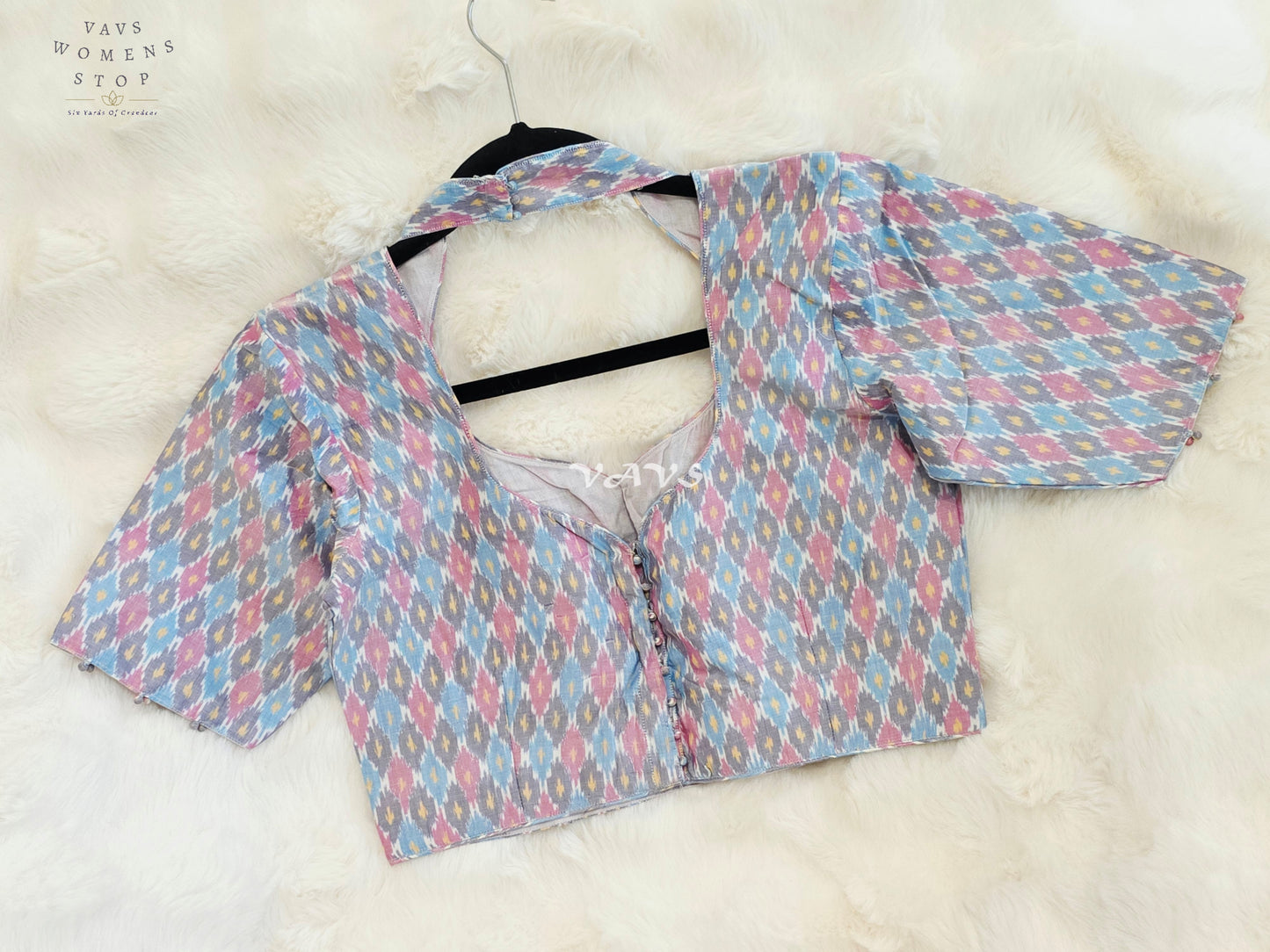 Royal Pastel Sky Blue Pure Sico Ikkat Pochampally Designer Stitched Blouse