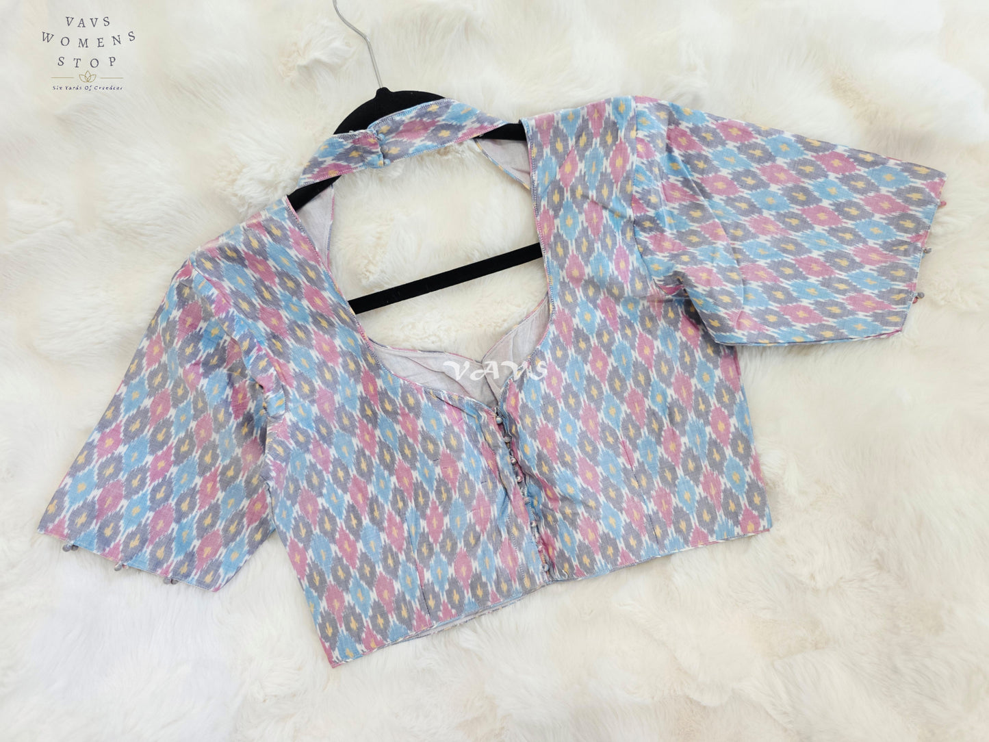 Royal Pastel Sky Blue Pure Sico Ikkat Pochampally Designer Stitched Blouse